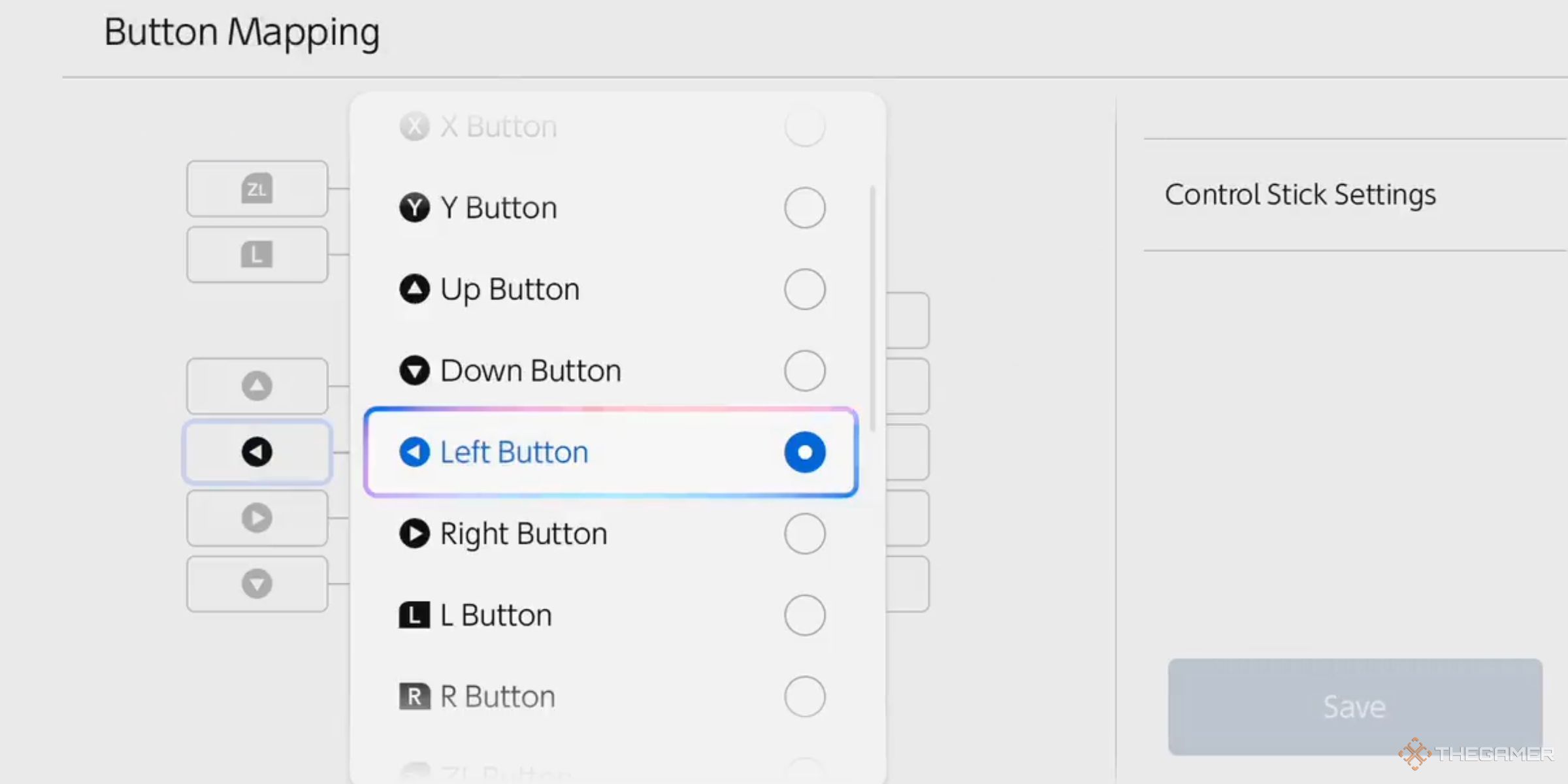 The Nintendo Switch 2 Button Mapping Settings highlighting the left button to change for another button.
