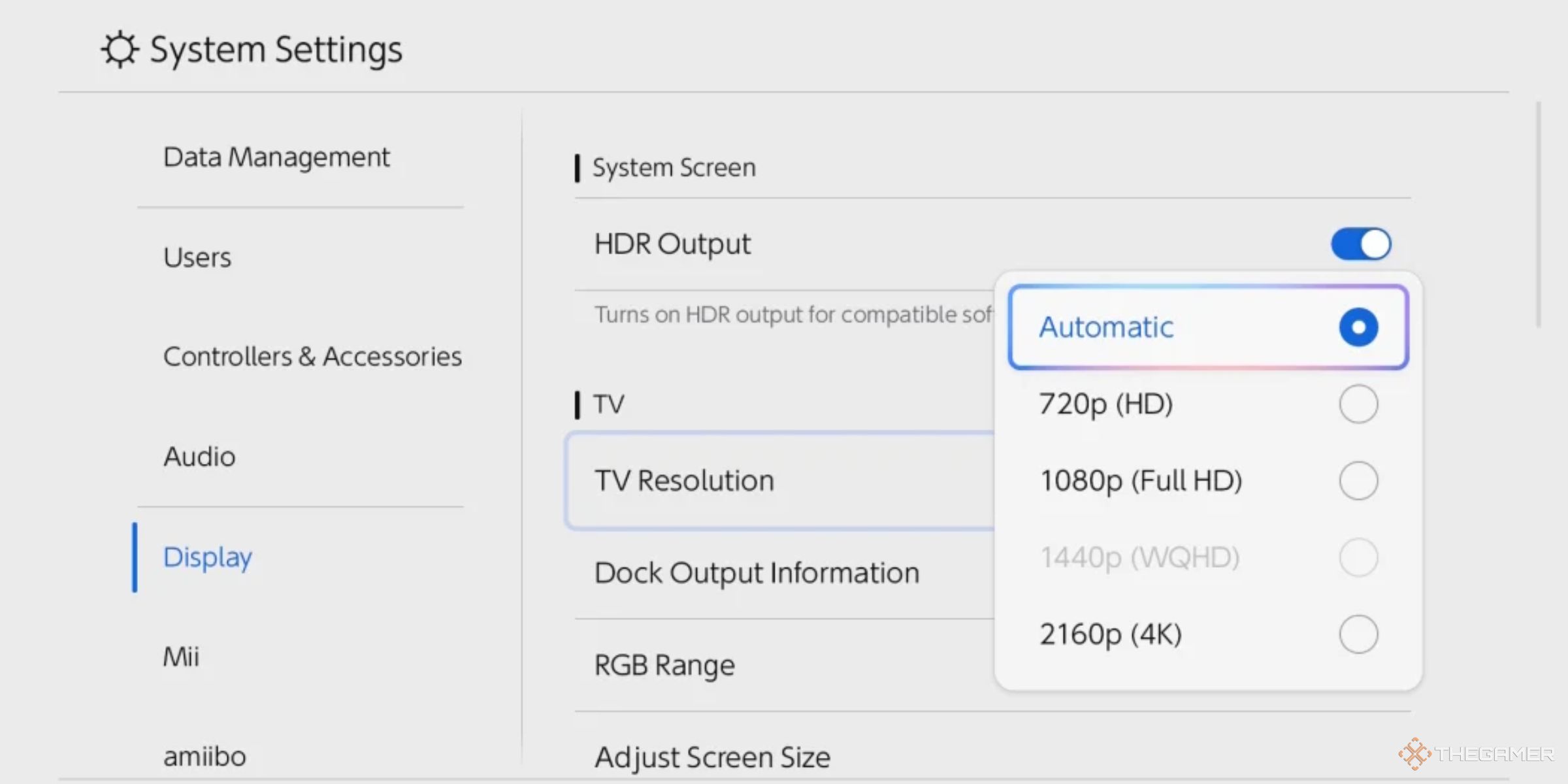 The Nintendo Switch 2 Display Settings highlighting the TV Resolution option with the settings for 720p, 1080p, 1440p, 2160p or automatic display resolutions.