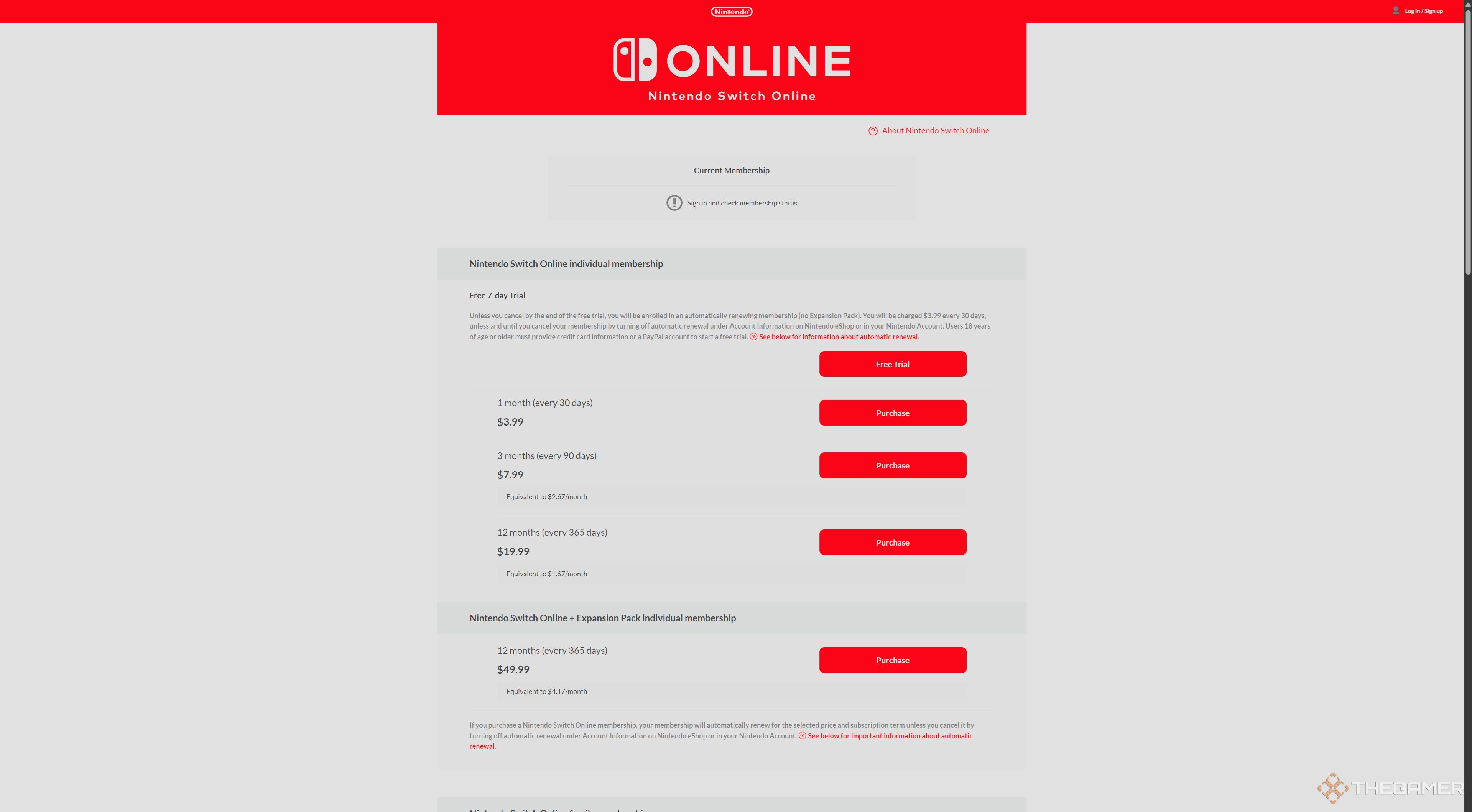 The Nintendo Switch Online US sign-up screen.