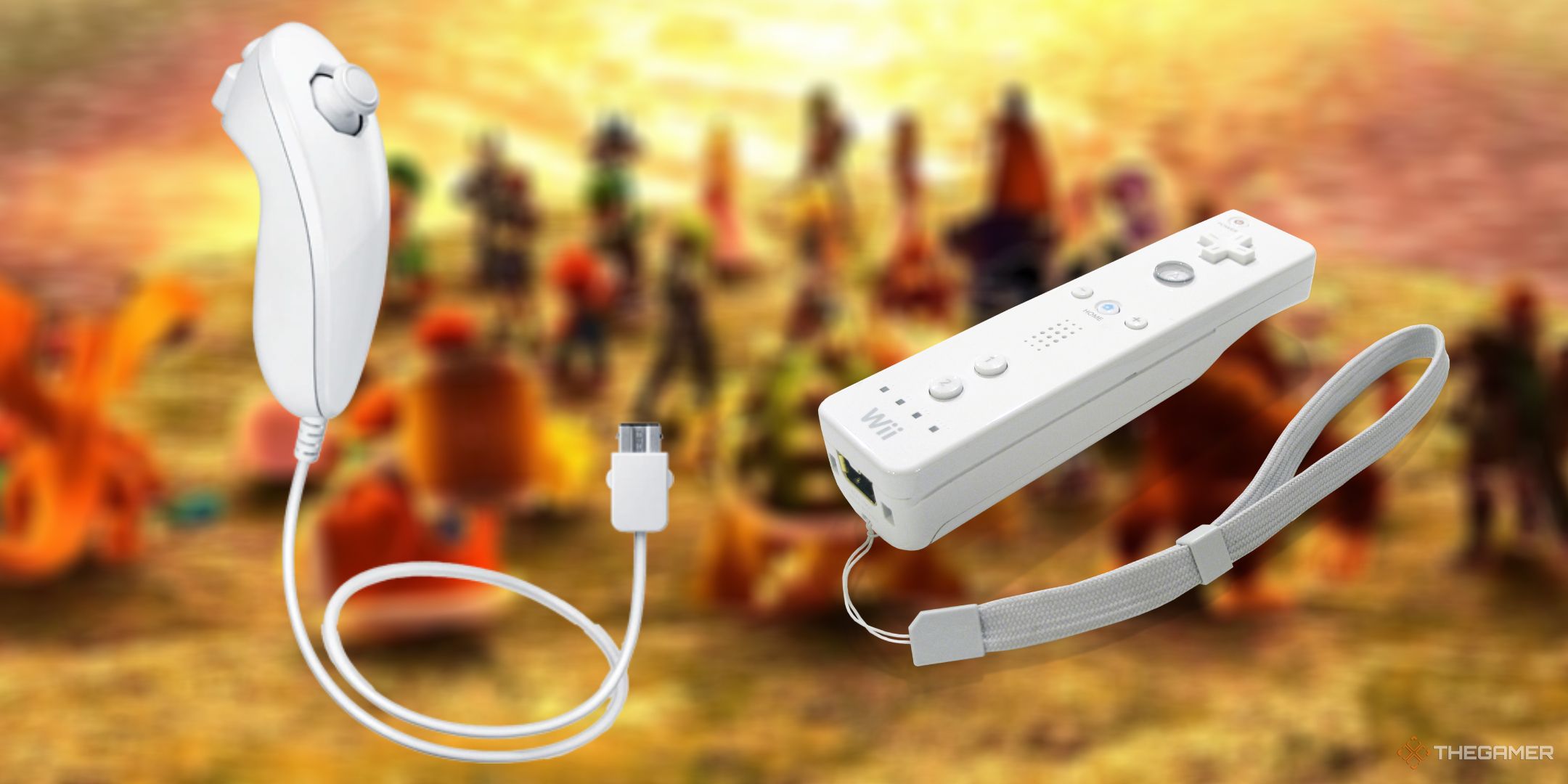 The Nintendo Wii controller and the nunchuck with a blurred out image of Super Smash Bros. Brawl in the background.