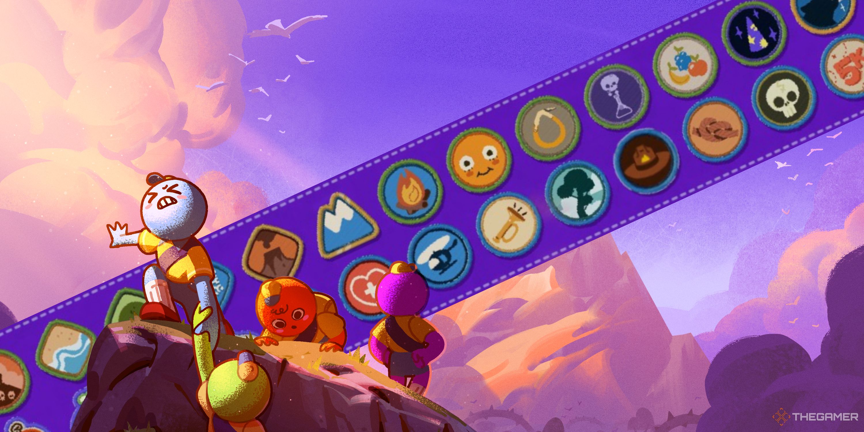 The Peak key art, showing scouts climbing a mountain, as the sash full of accolades stretches across the sky behind them.