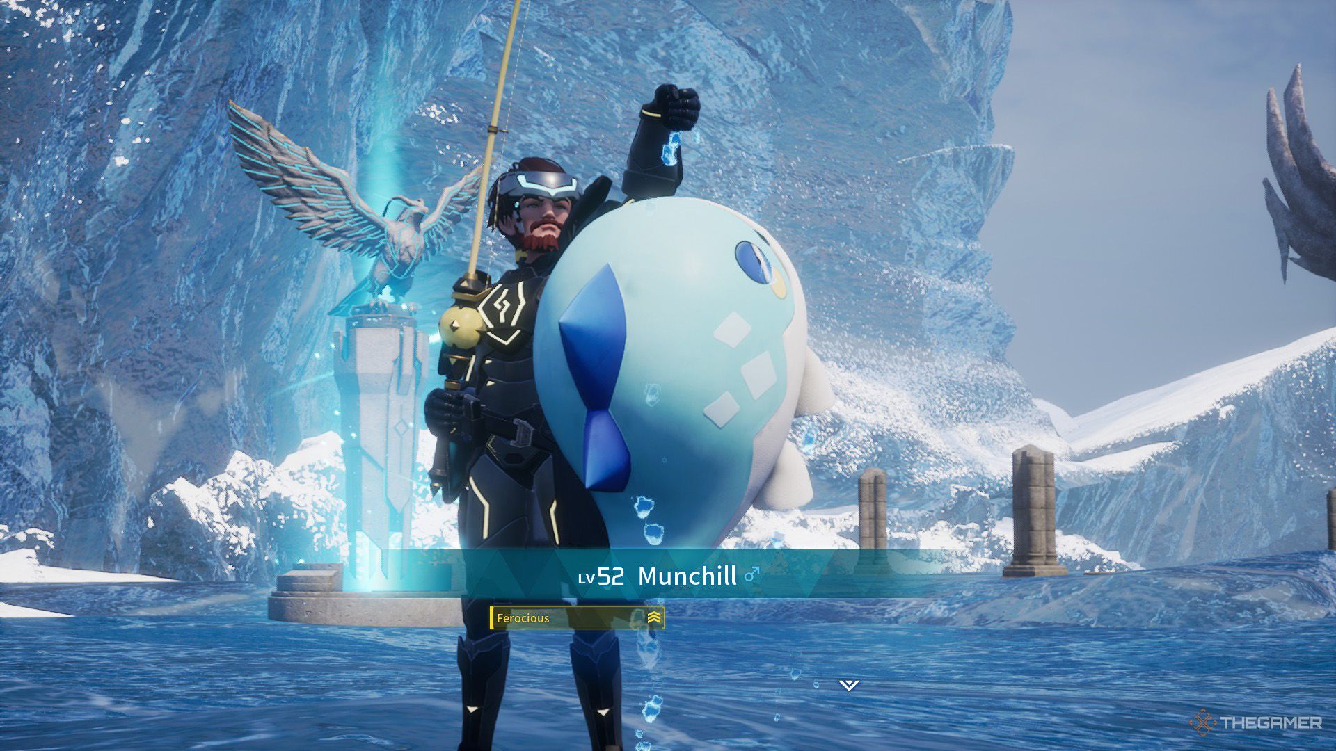 The player catches a wild Munchill while fishing in Palworld.