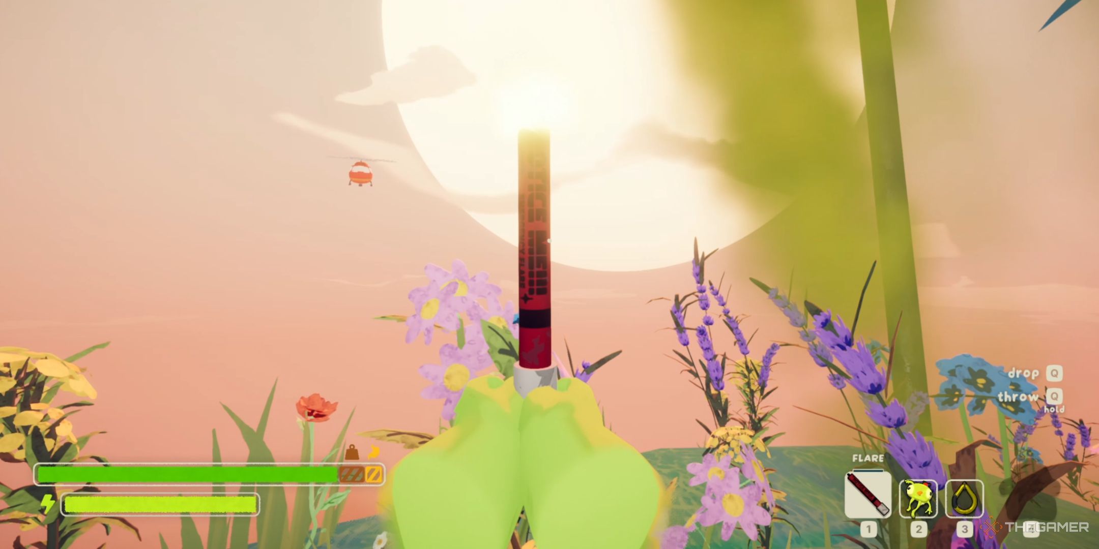 The player holding a flare on the peak of the island in Peak as a helecopter is flying closer.