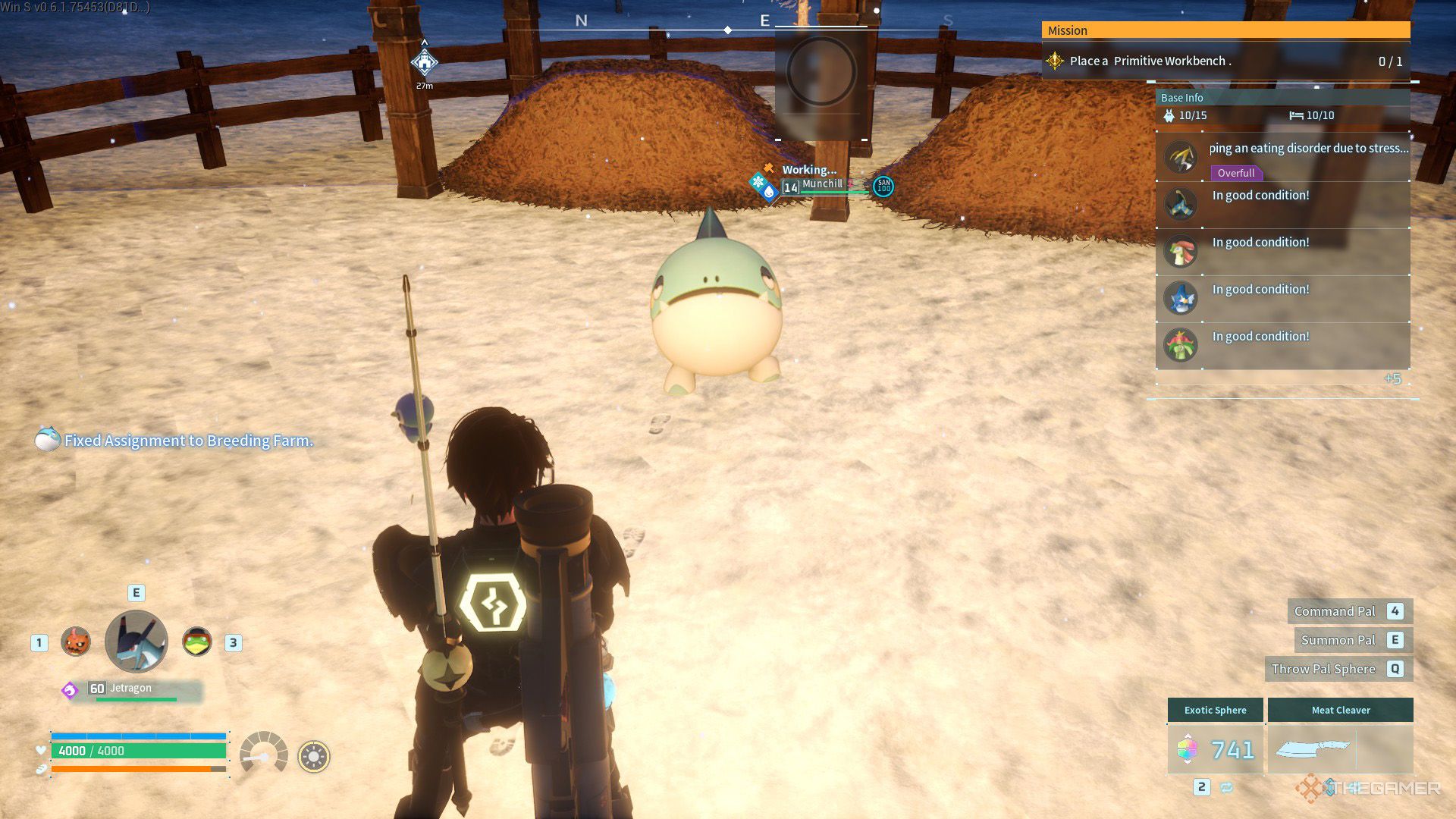 The player is checking a Munchill inside a breeding farm in Palworld.