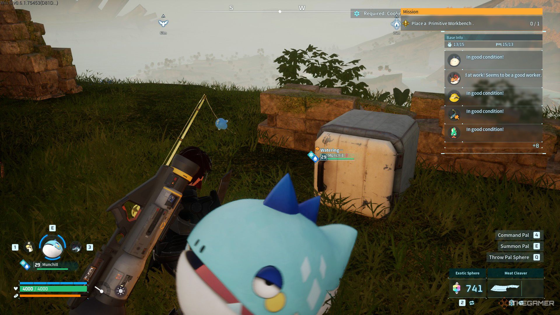 The player is crouching near a Munchill and cooler box in Palworld.