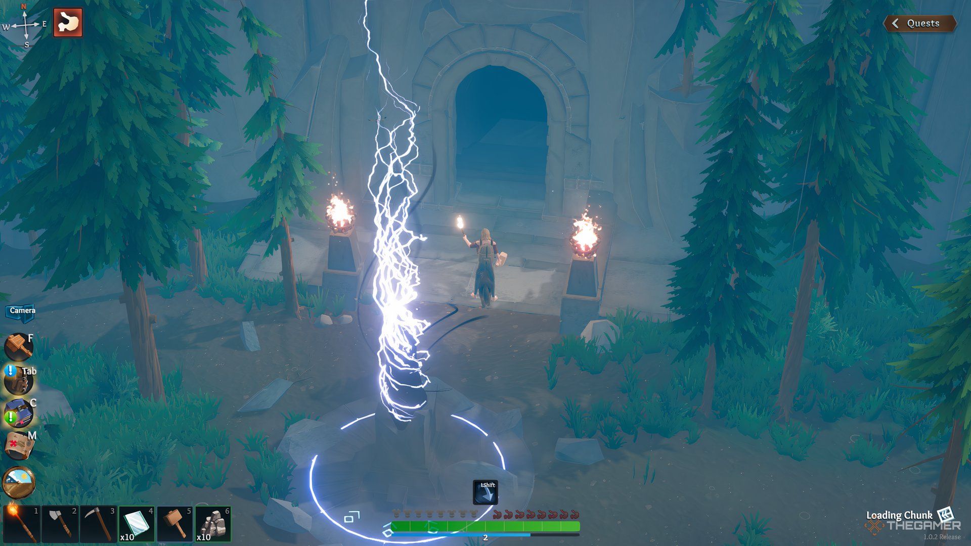 The player is standing near the dungeon entrance in Len's Island.