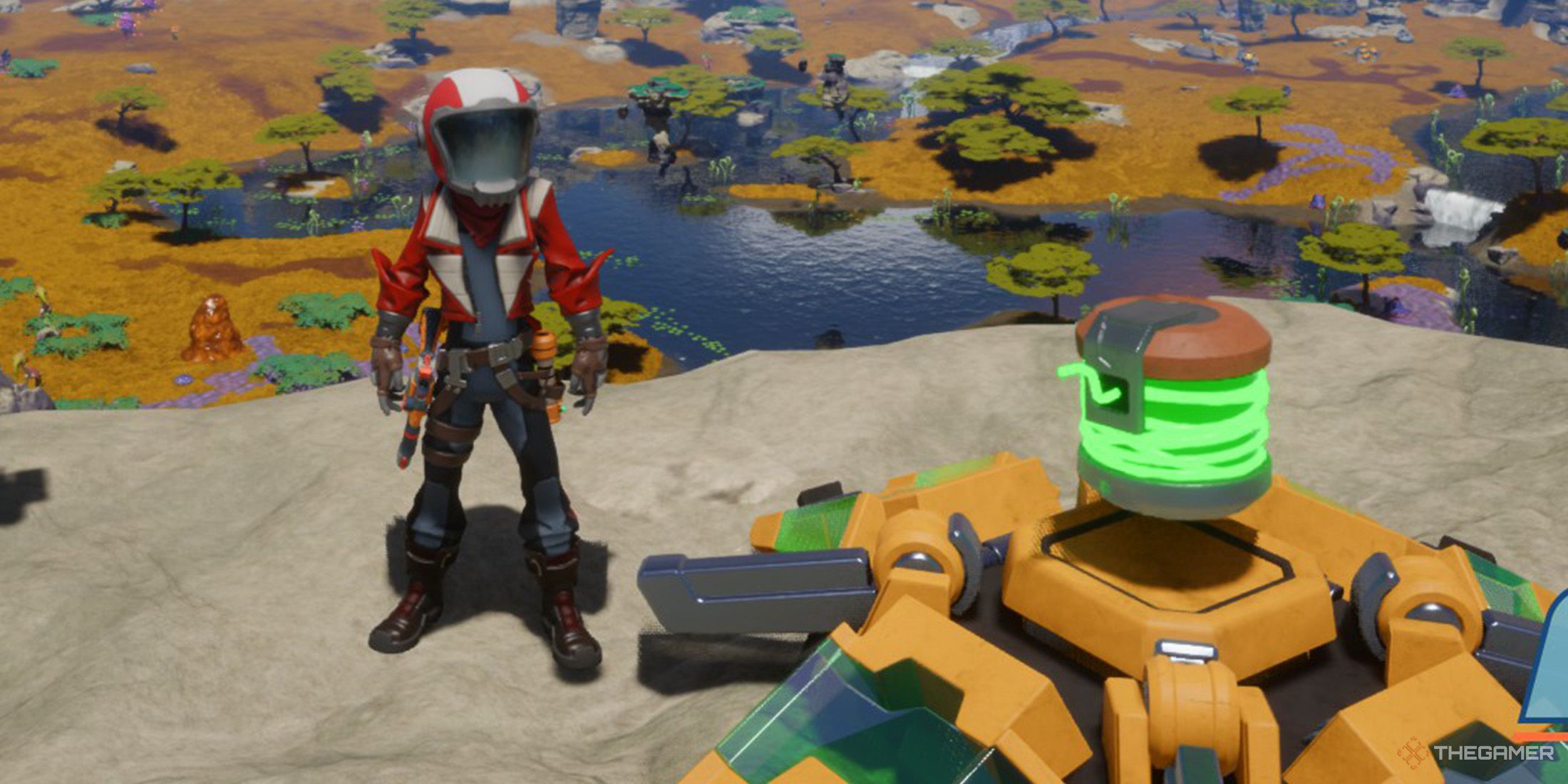 The player is standing next to a printer slurry box on planet Quasadron IX in Revenge of the Savage Planet.