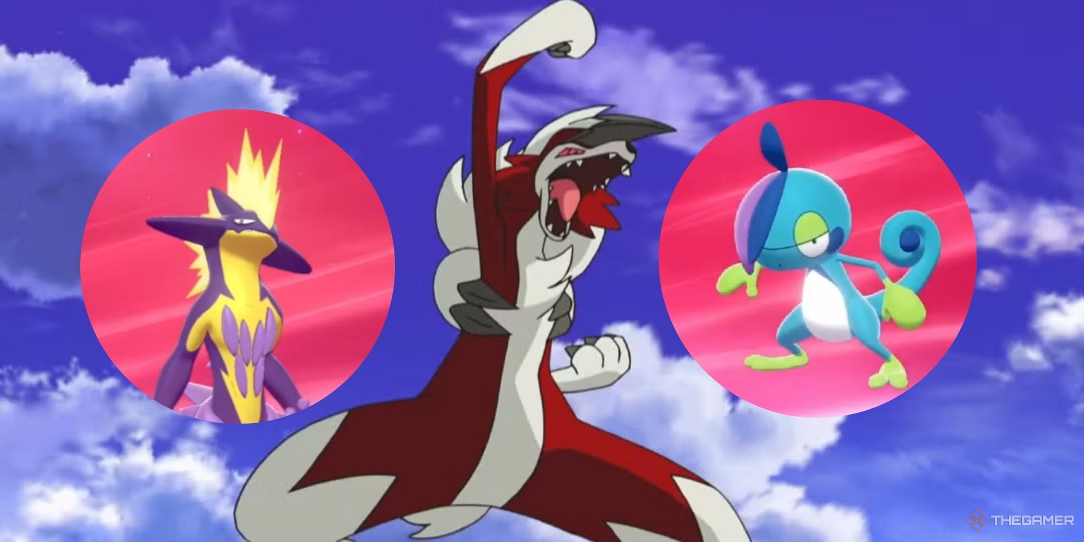 A collage with the Pokemon Toxictricty, Lycanroc, and Drizzile.