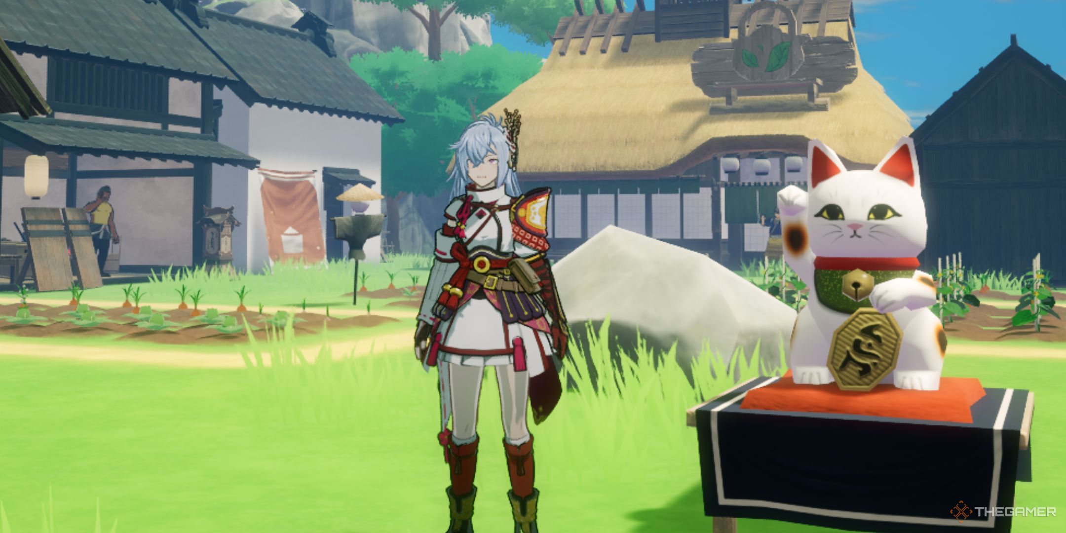 The protagonist is standing near the Lucky Cat in Rune Factory Guardians of Azuma