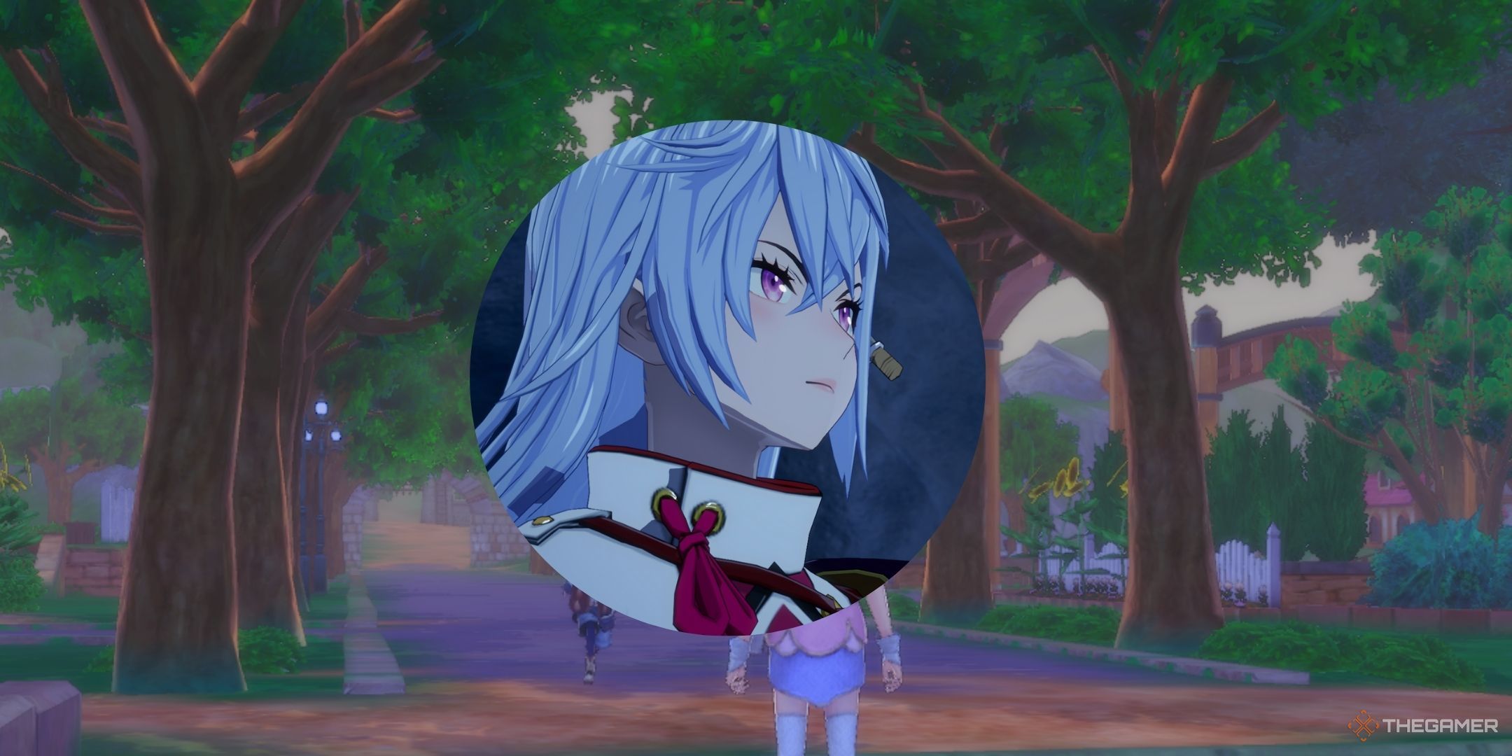 The protagonist of Rune Factory Guardians of Azuma is shown over the background of the town image in Rune Factory 5
