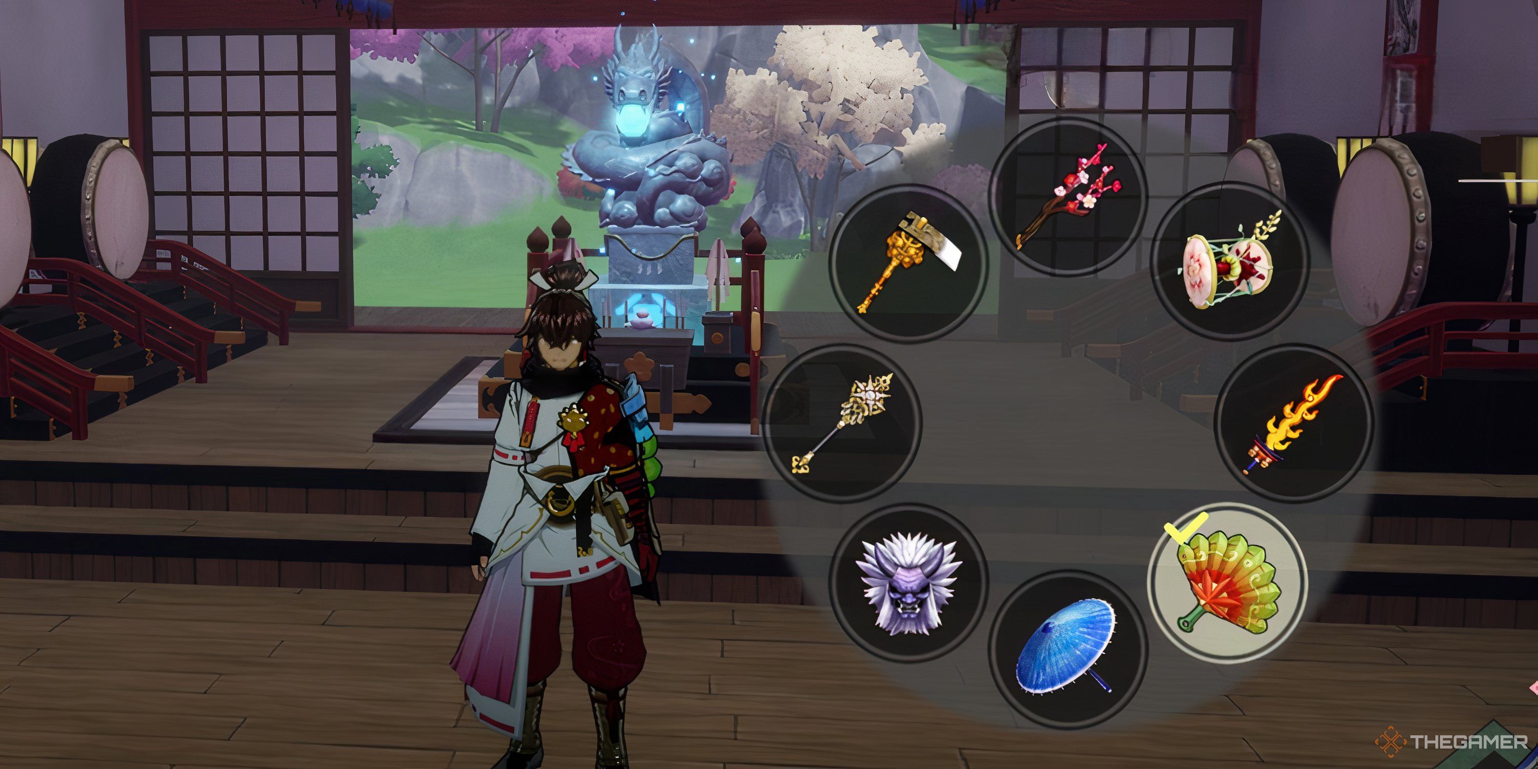The protagonist of Rune Factory Guardians of Azuma with the Sacred Treasure wheel open.