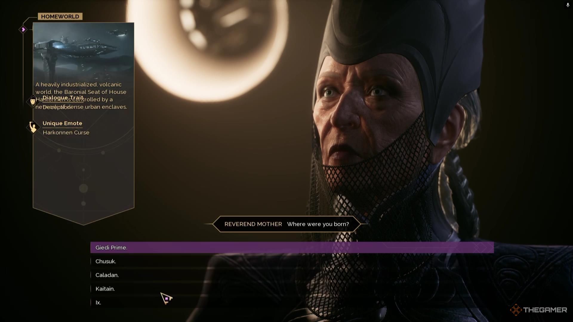 The Reverend Mother asks you where you were born in Dune Awakening.