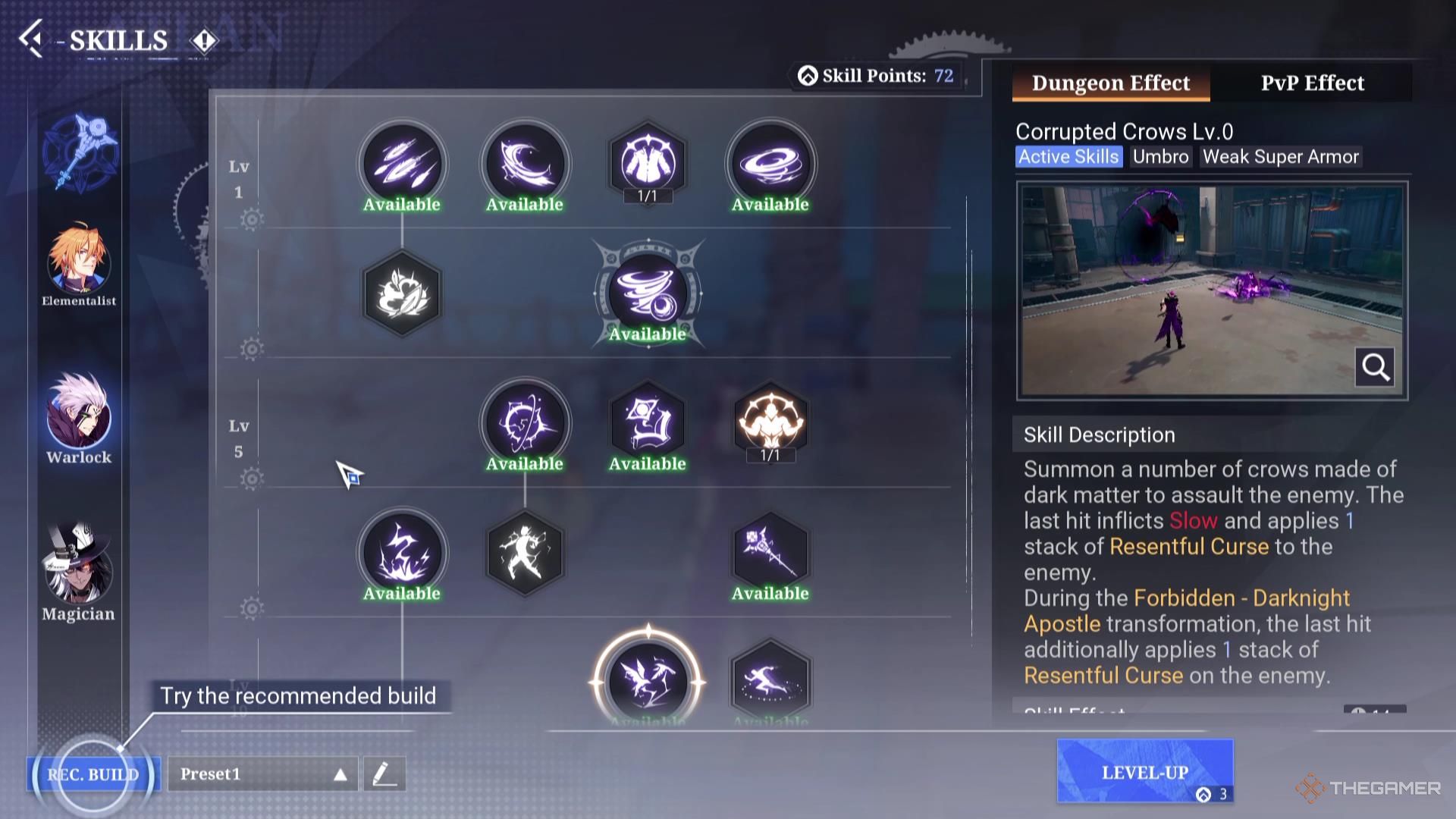 The Warlock skill tree in Crystal of Atlan.