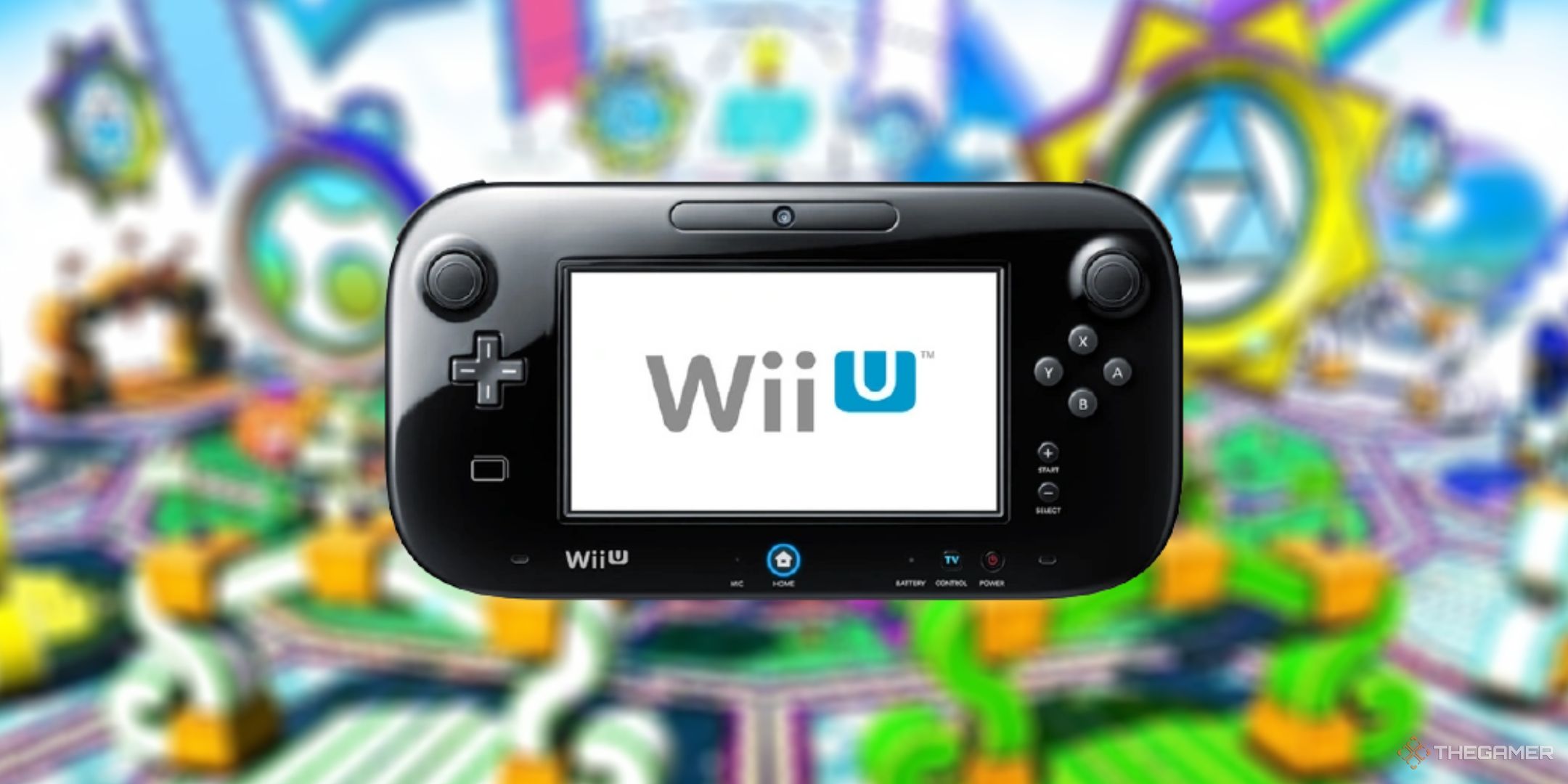 The Wii U controller in front of a blurred out image of Nintendoland.