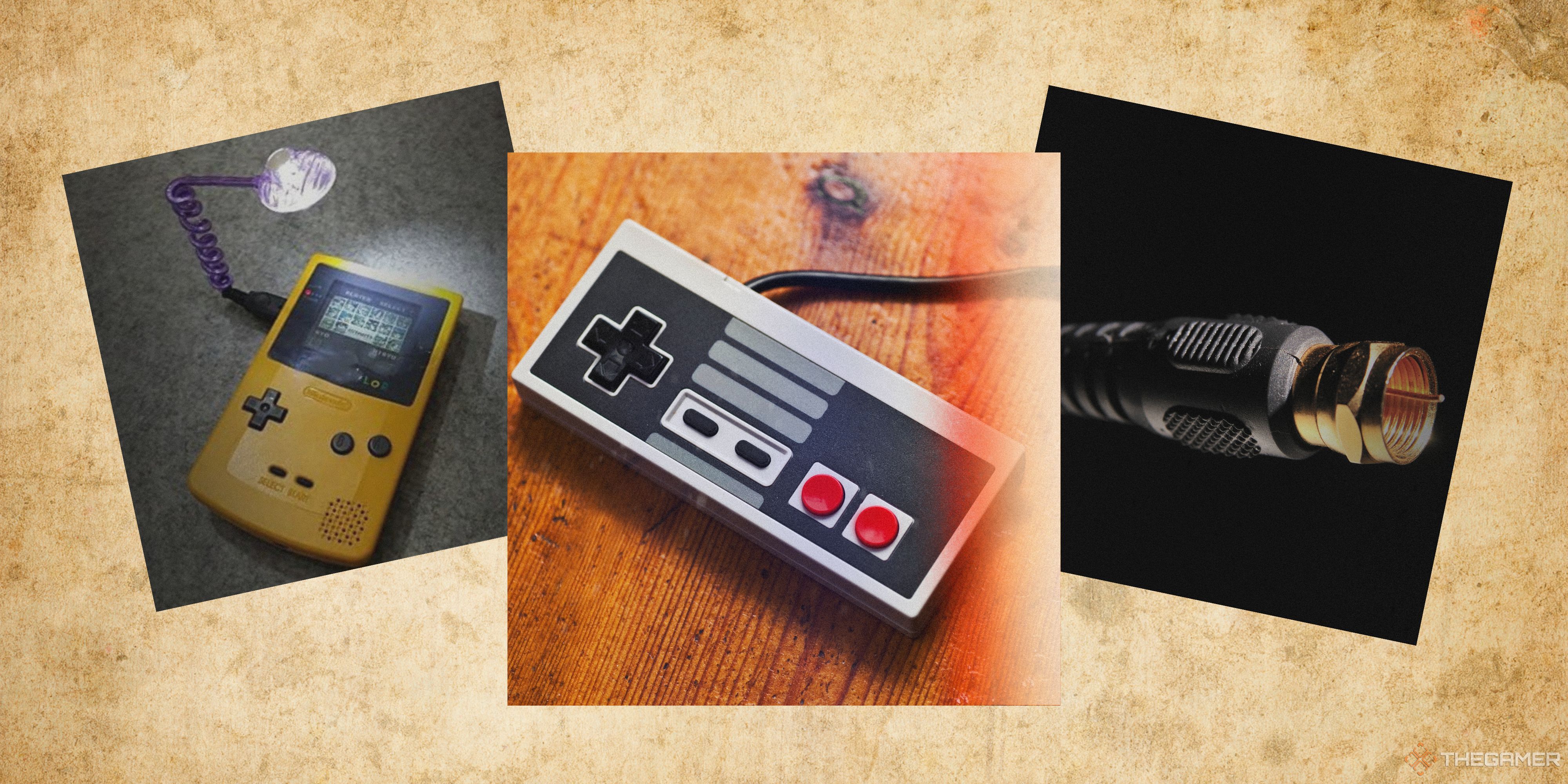 Three pictures are overlaid on top of aged paper a worm light attached to a yellow Game Boy, a NES controller, and a coaxial cable.-1