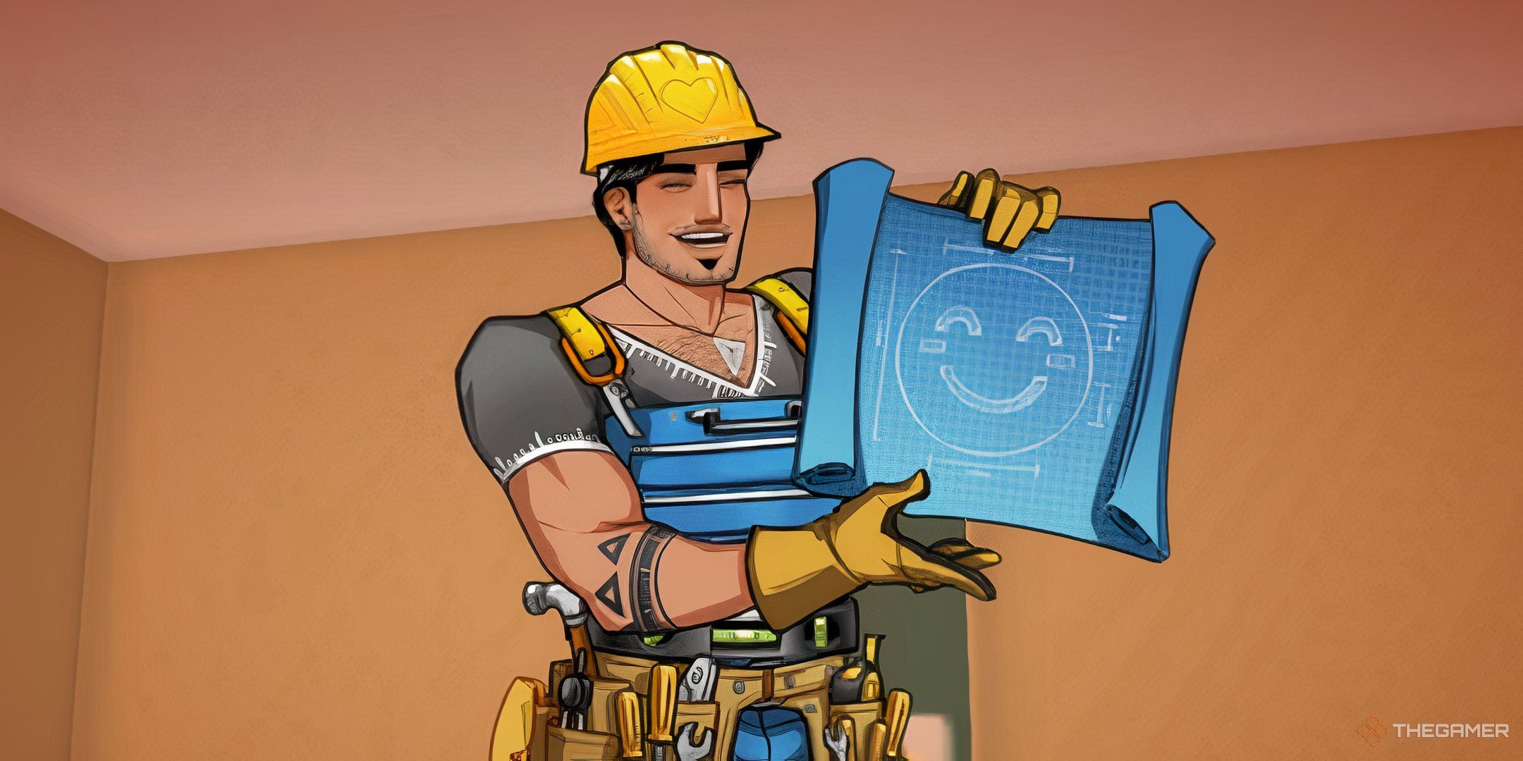 Tony smiling with a smiling blueprint in Date Everything!