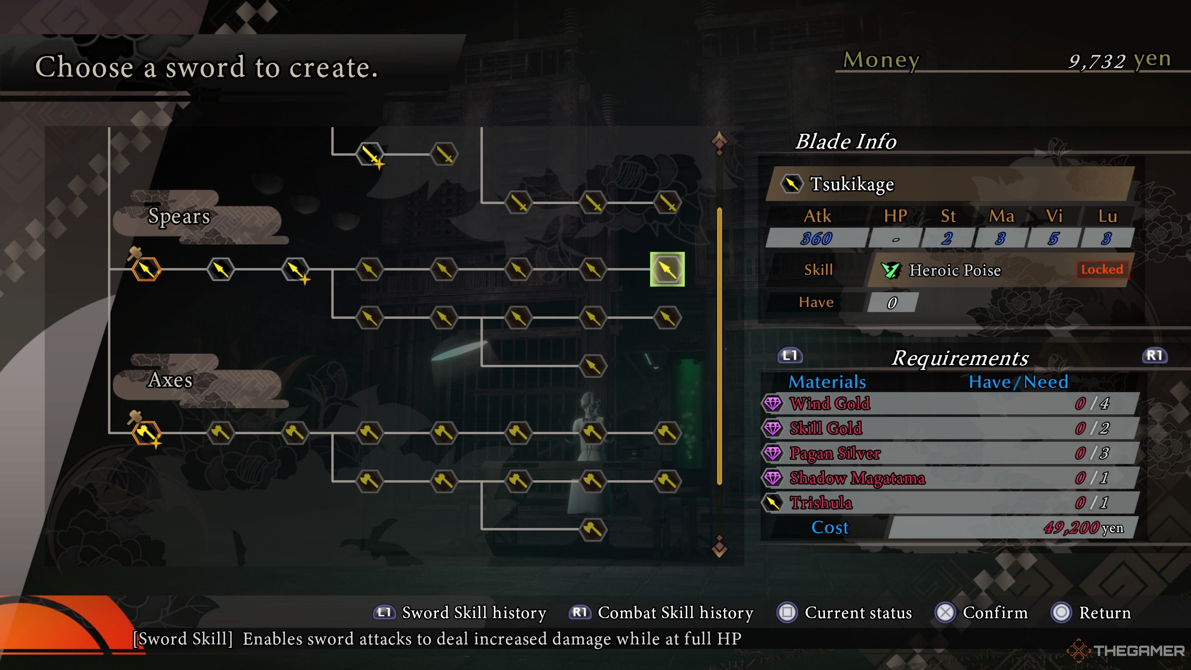 Tsukikage spear overview in Raidou Remastered The Mystery of the Soulless Army.