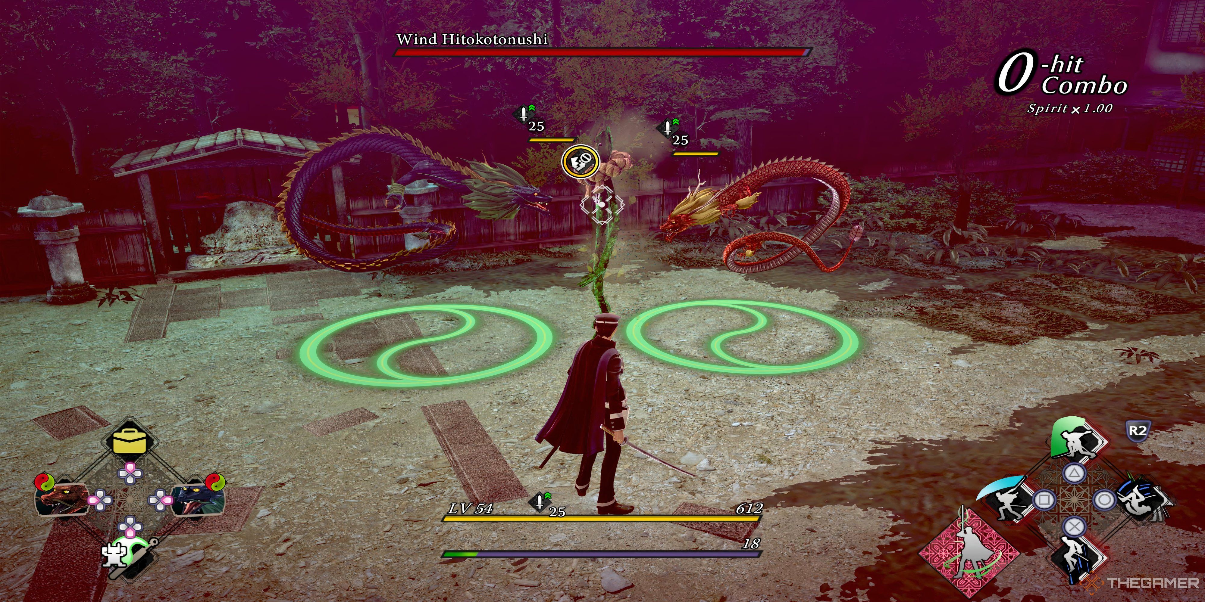 two dragon demons attacking a treel-like demon as raidou stands and looks on.