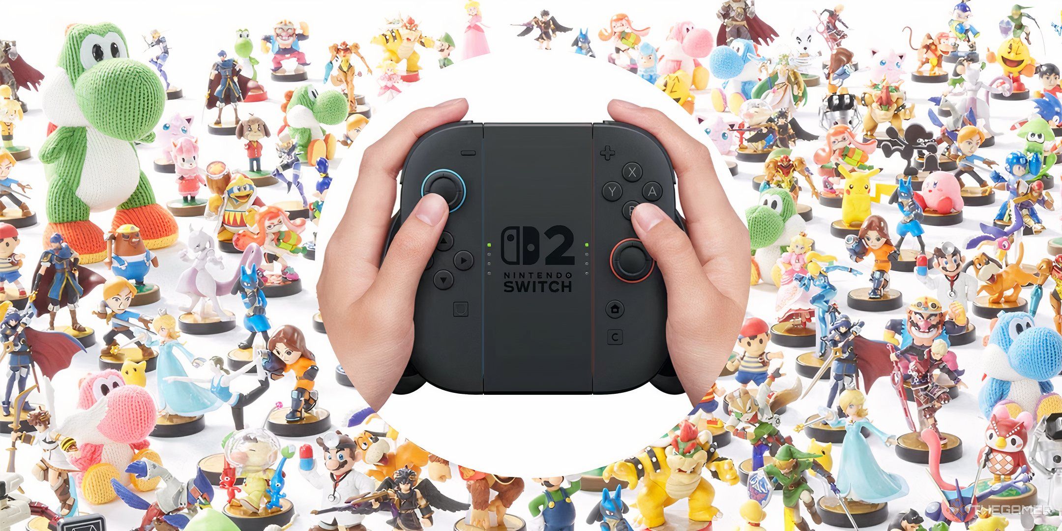Two hands holding the Joy Con 2 Charging Grip in front of a bunch of Amiibo.