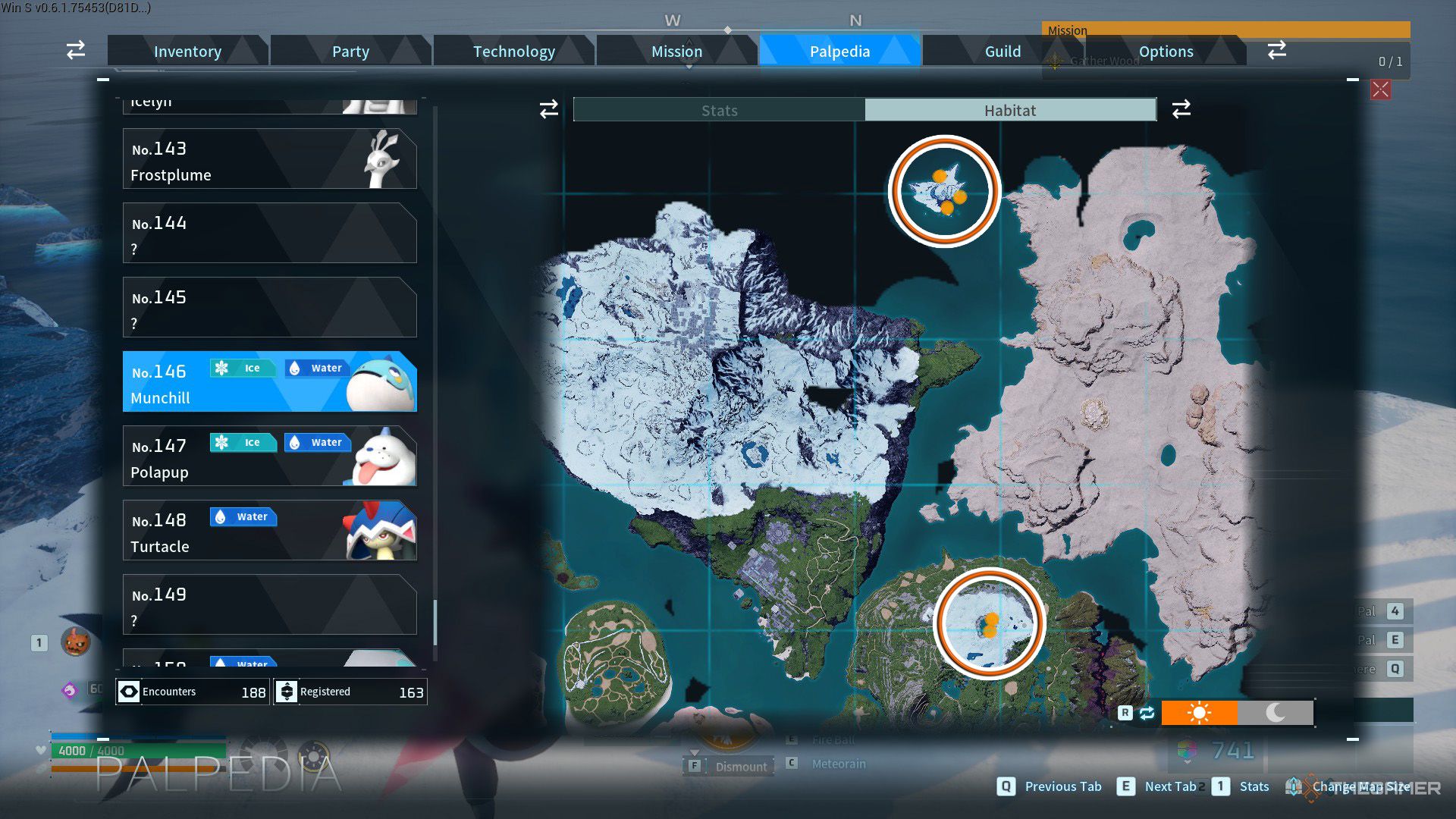 Two orange circles show Munchill spawn locations in Palworld.