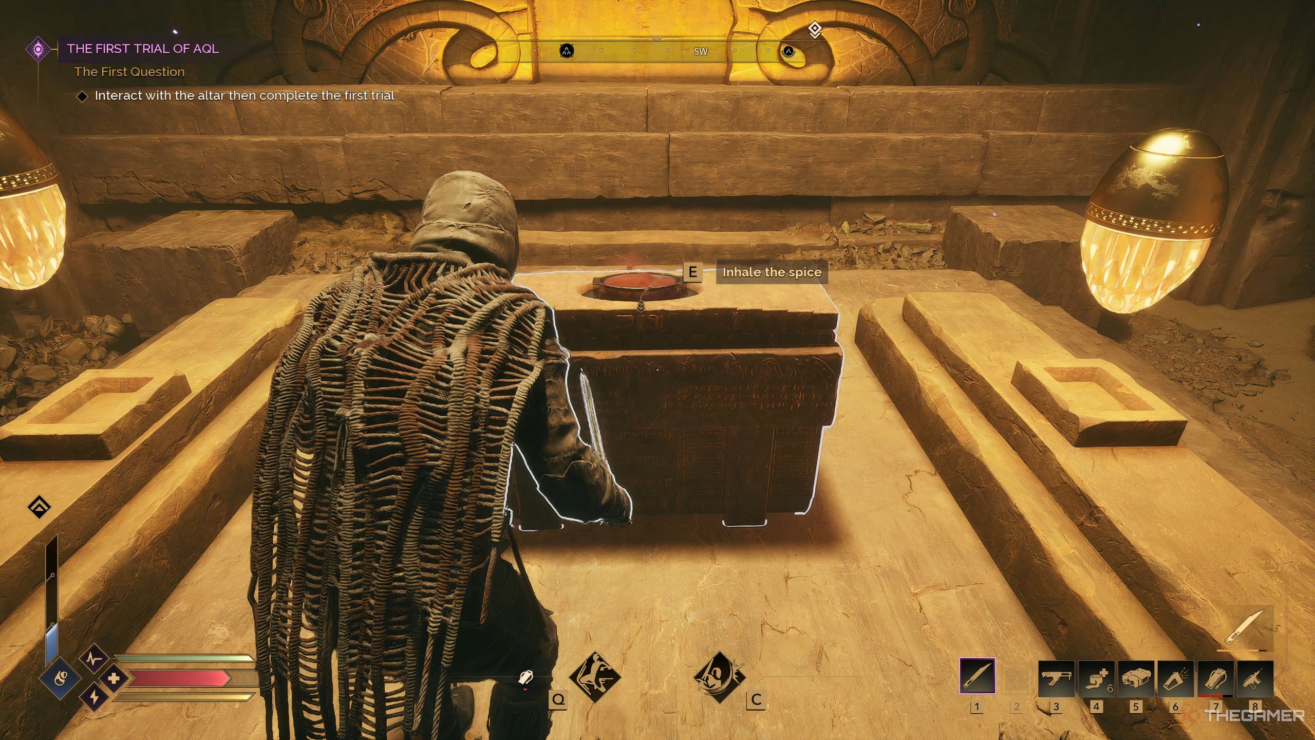 A player character prepares to inhale the spice in Dune: Awakening. 