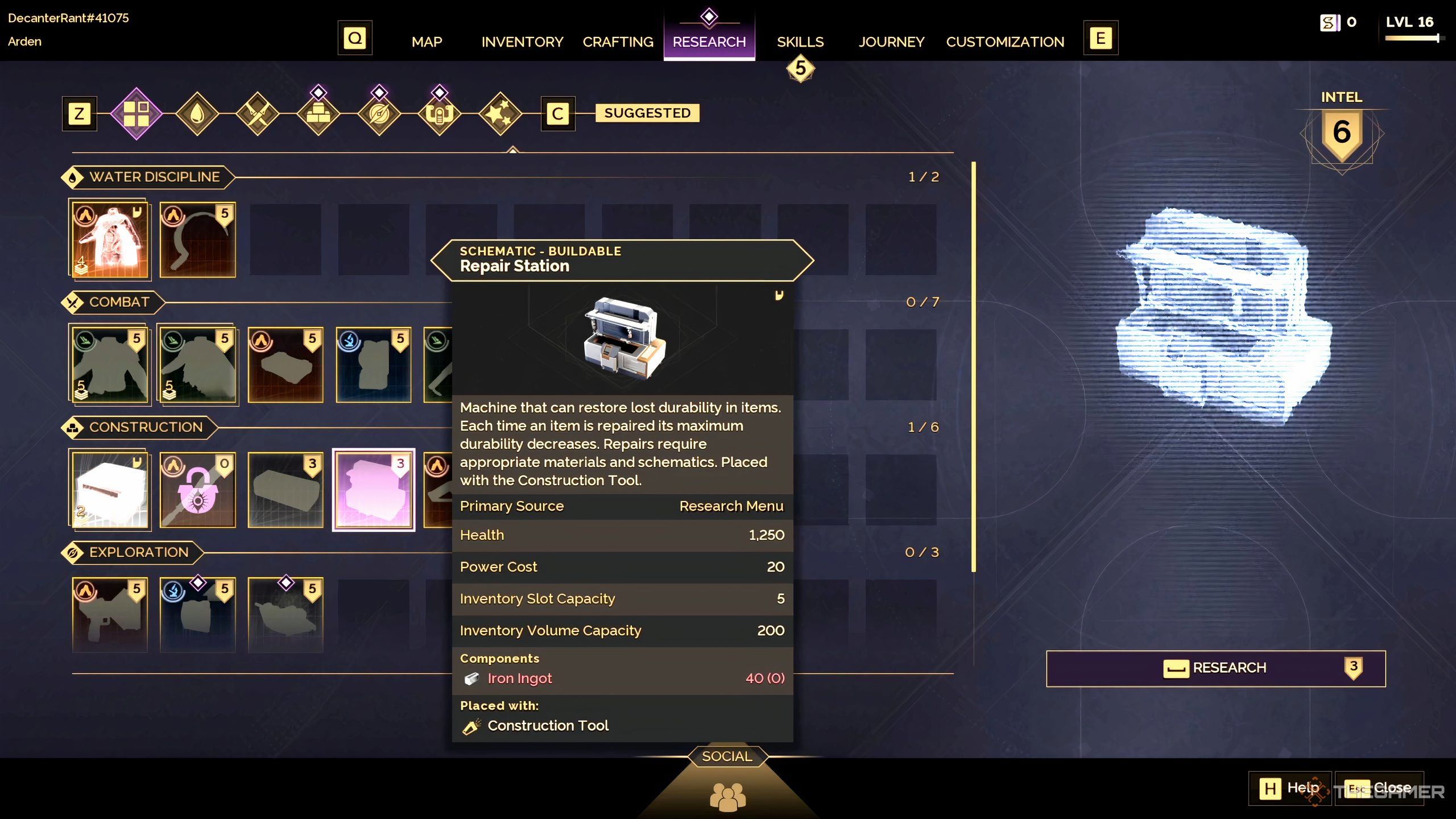 The research menu in Dune: Awakening highlighting the Repair Station schematic. 