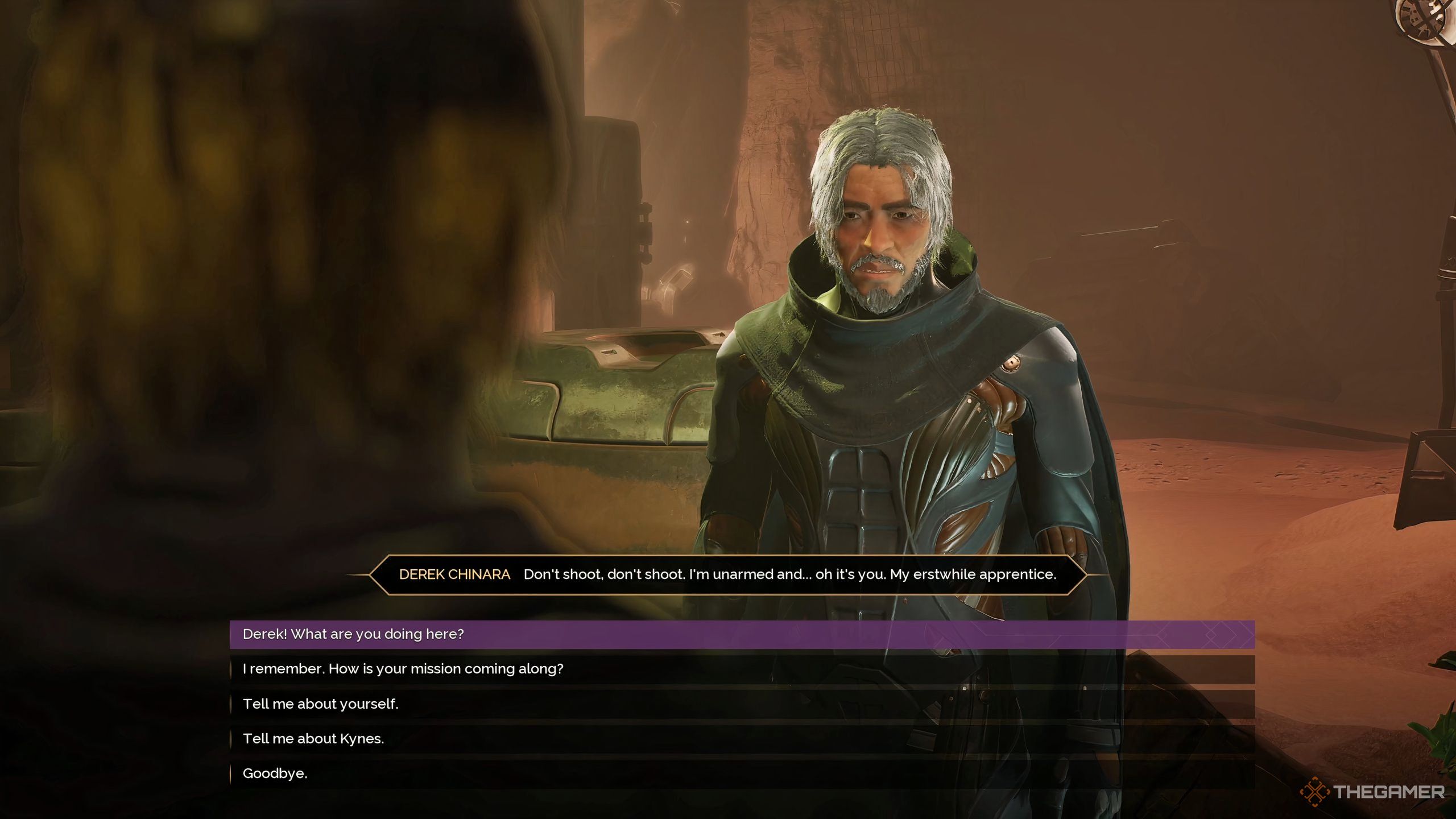 Dr. Derek Chinara, an old man with white hair in a stillsuit in Dune: Awakening.