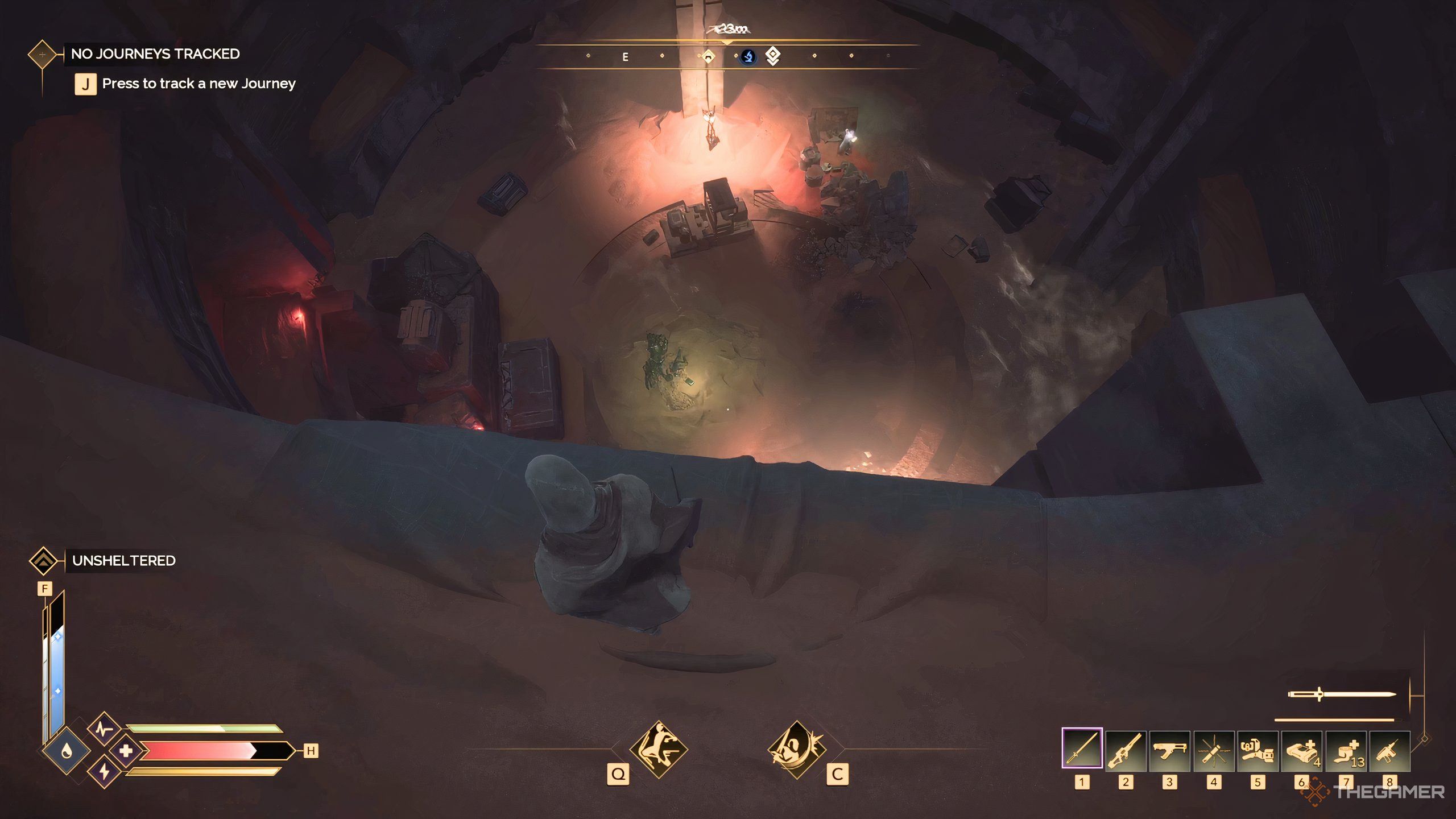 The entrance to Imperial Testing Station 197, a large hole in the ground in Dune: Awakening.