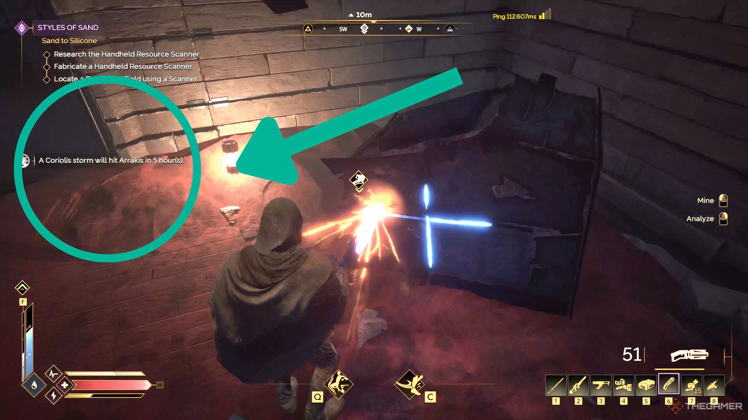 A green circle and arrow indicating the Coriolis Storm warning notification on the UI in Dune: Awakening.