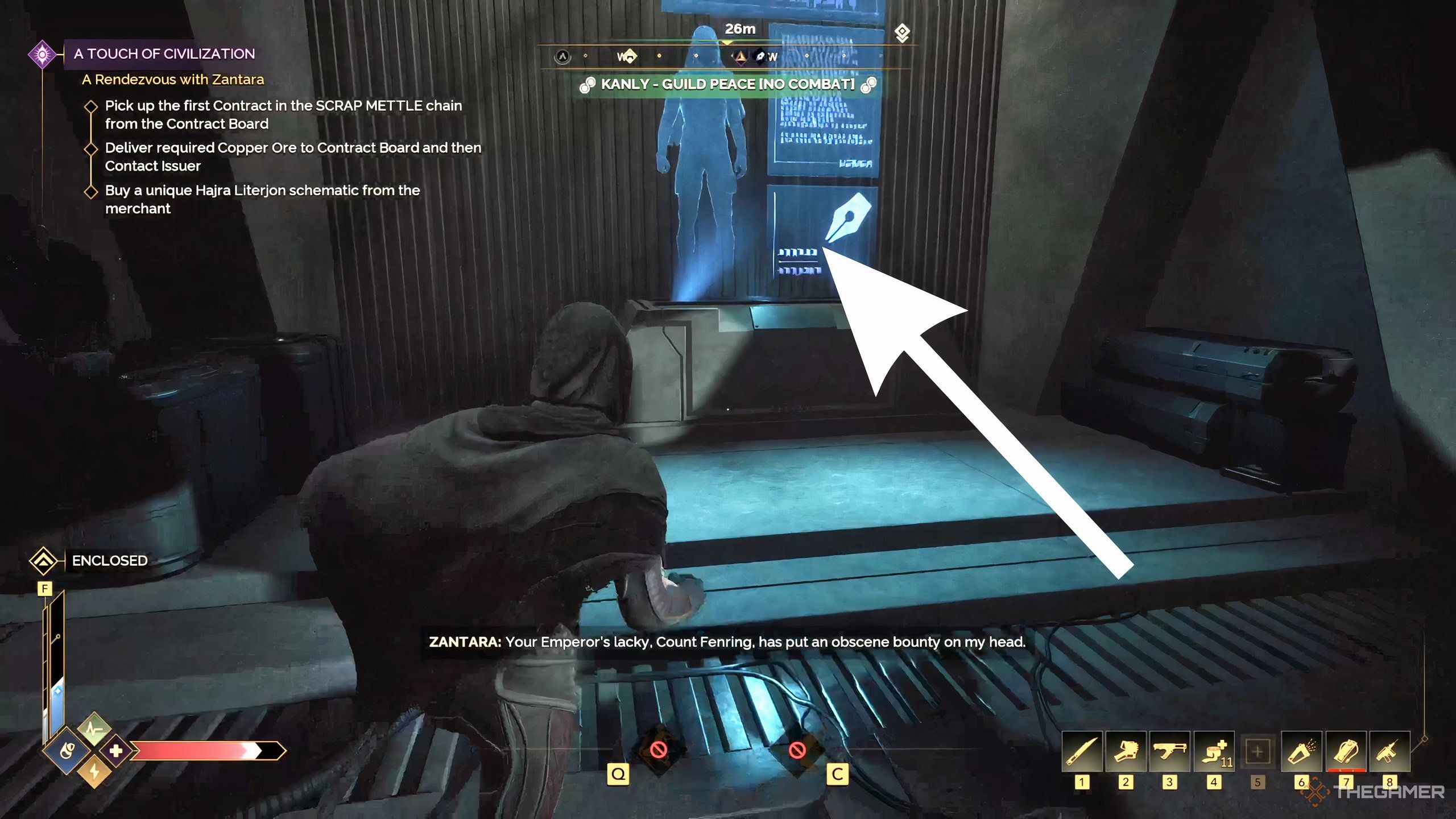 A player character approaches a contracts board in a settlement in Dune: Awakening.