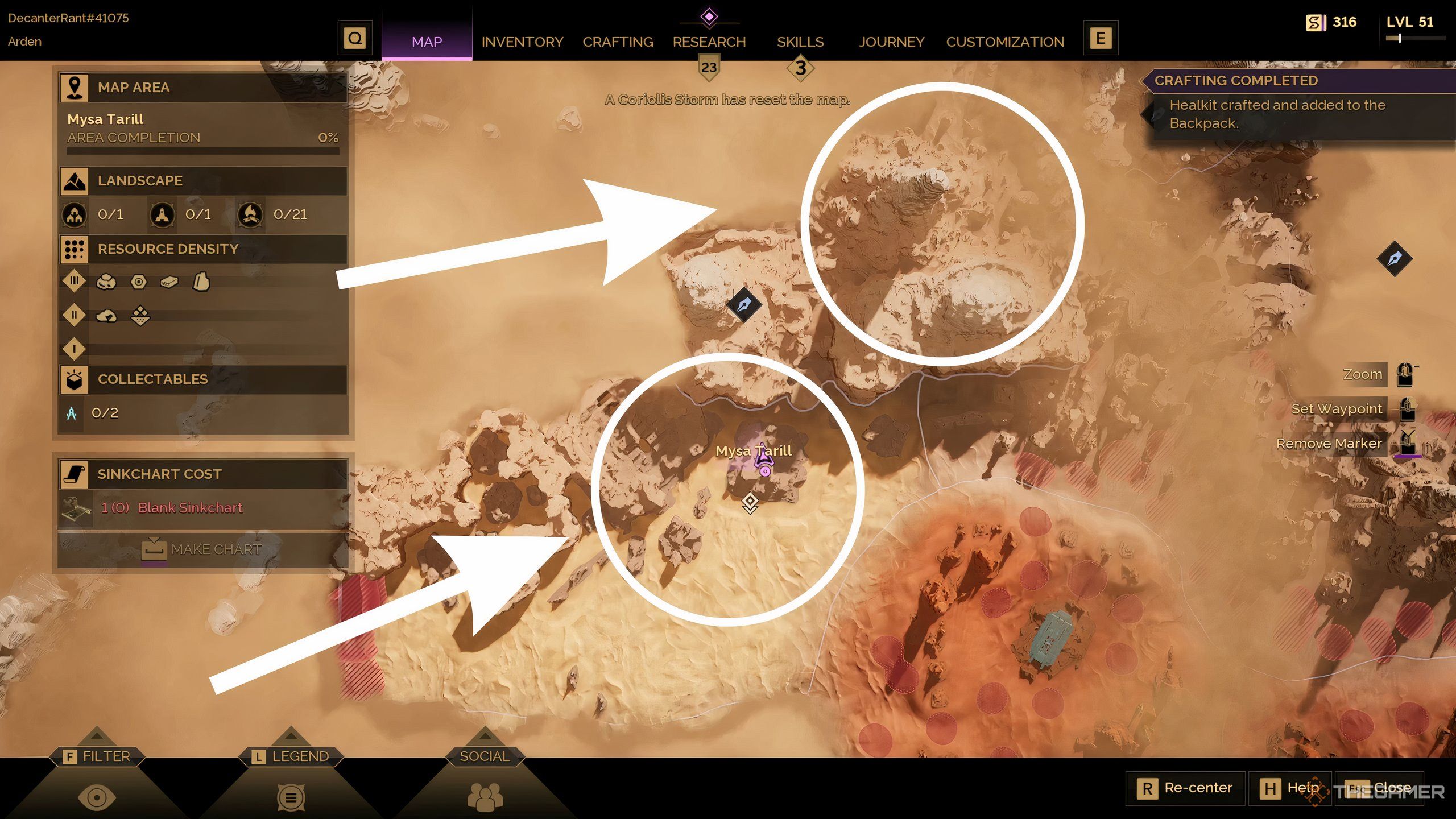 The Arrakis map in Dune: Awakening with two white circles indicating the location of Basalt Stone on the left-hand side of the map.