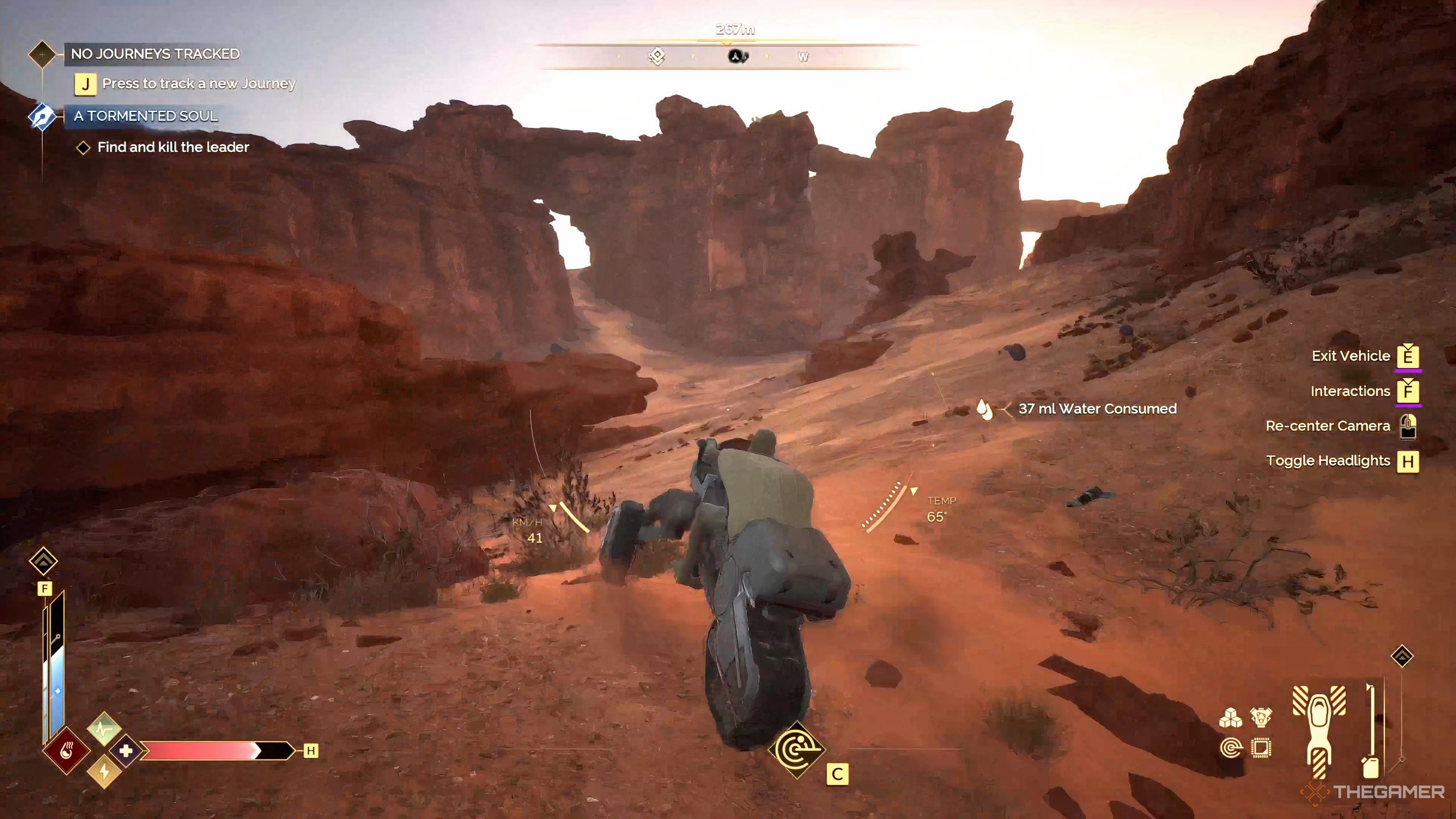 A player character on a sandbike in Dune: Awakening. 