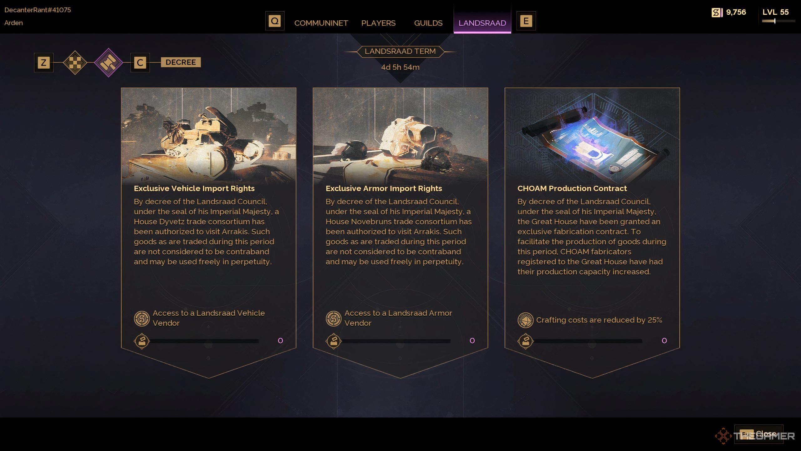The term screen for the Landsraad, showing various decrees that are in effect for the server.