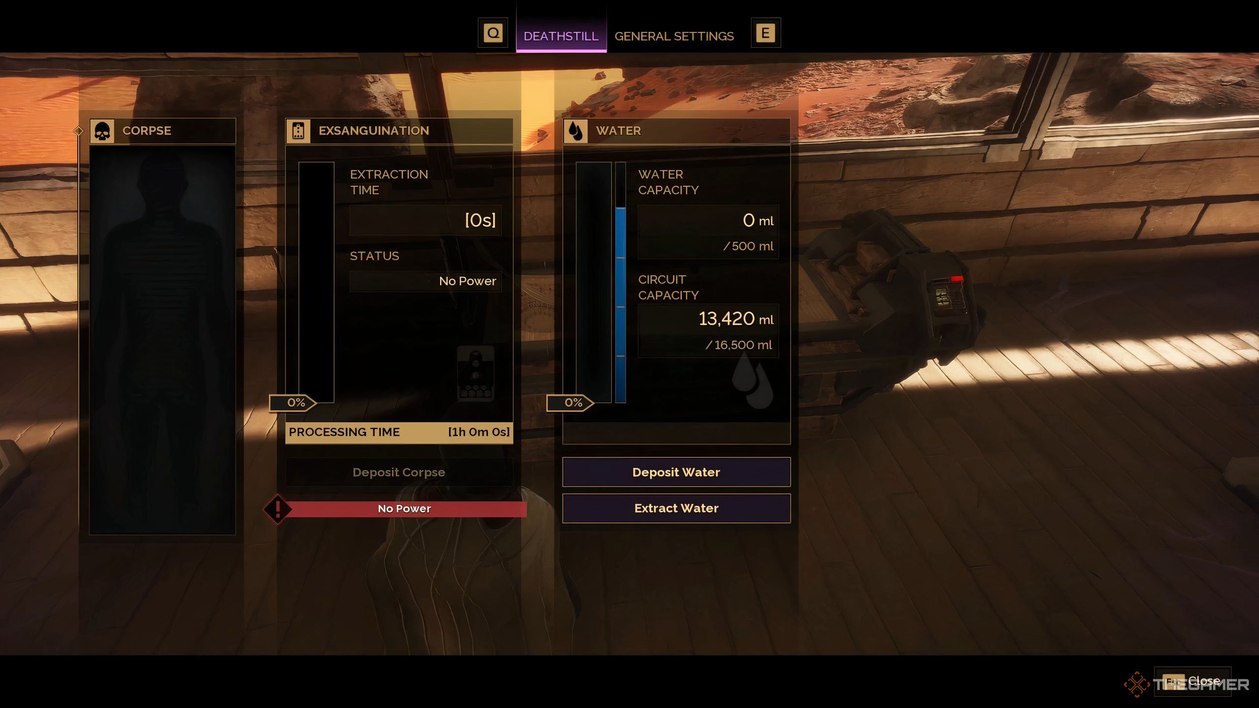 The water management screen for the Fremen Deathstill in Dune: Awakening.