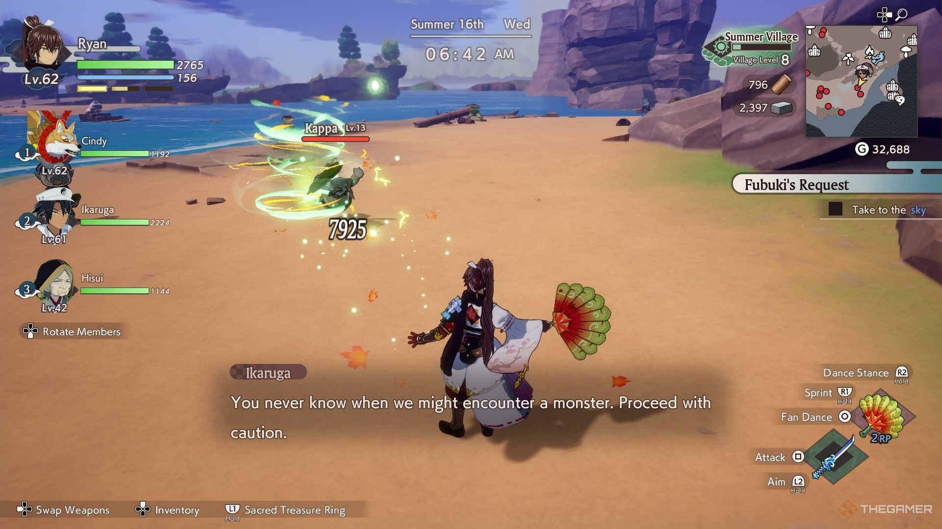 Using the Sacred Fan on a beach in Rune Factory Guardians of Azuma.