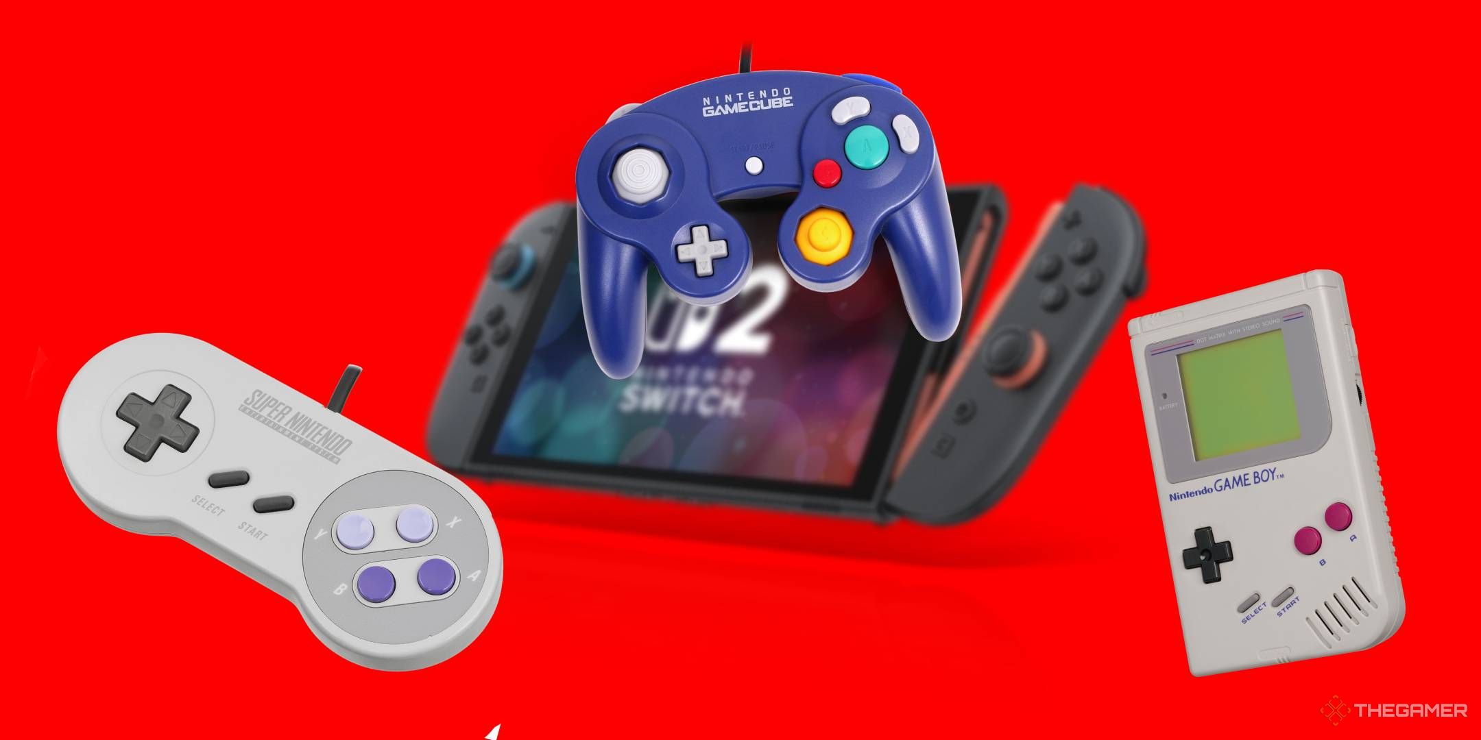 Various console controllers overlaid on a blurred switch 2, all on a red background.