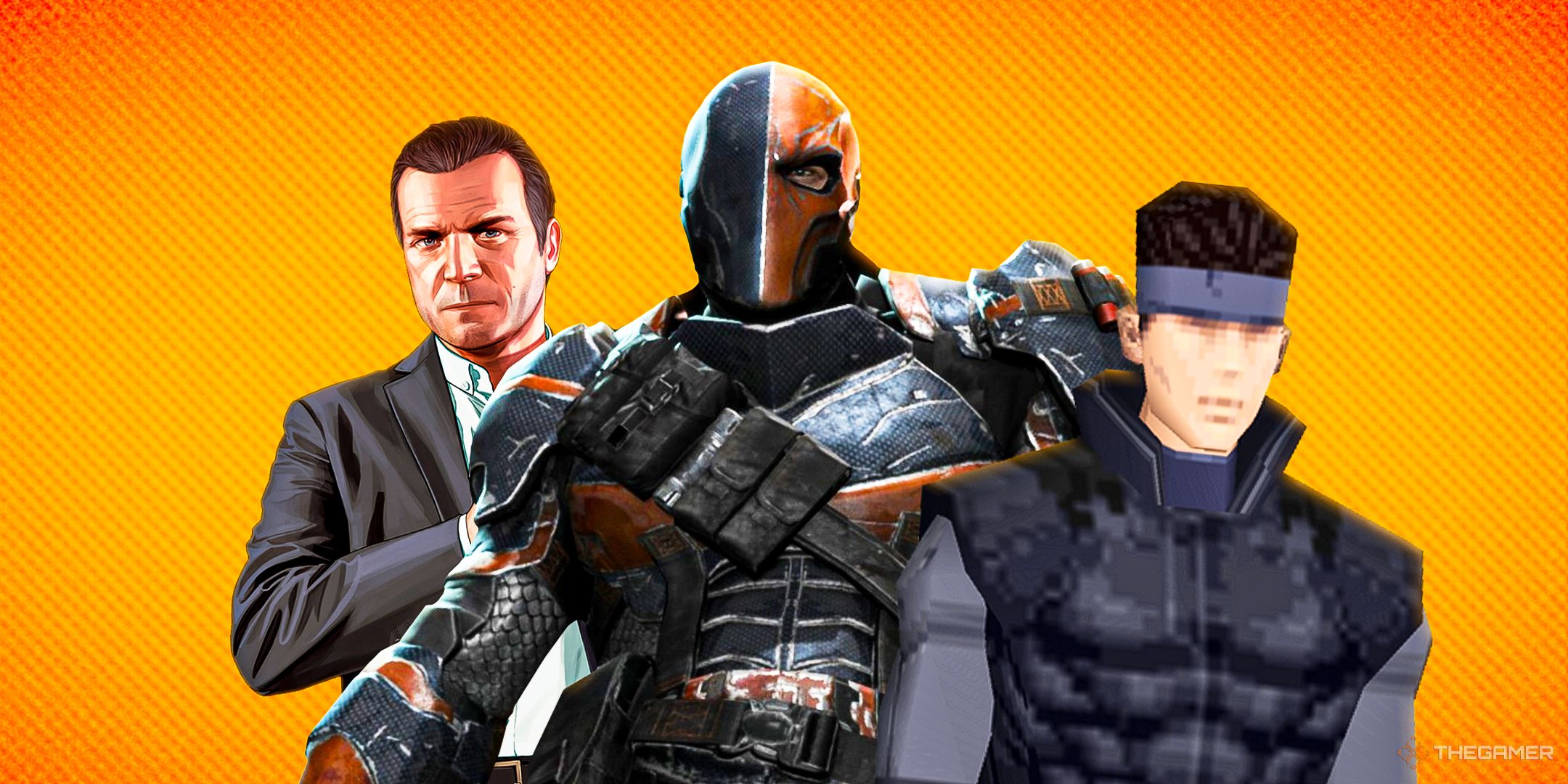 A collage with Michael from GTA 5, Deathstroke from Batman Arkham Origins, and Solid Snake from MGS.