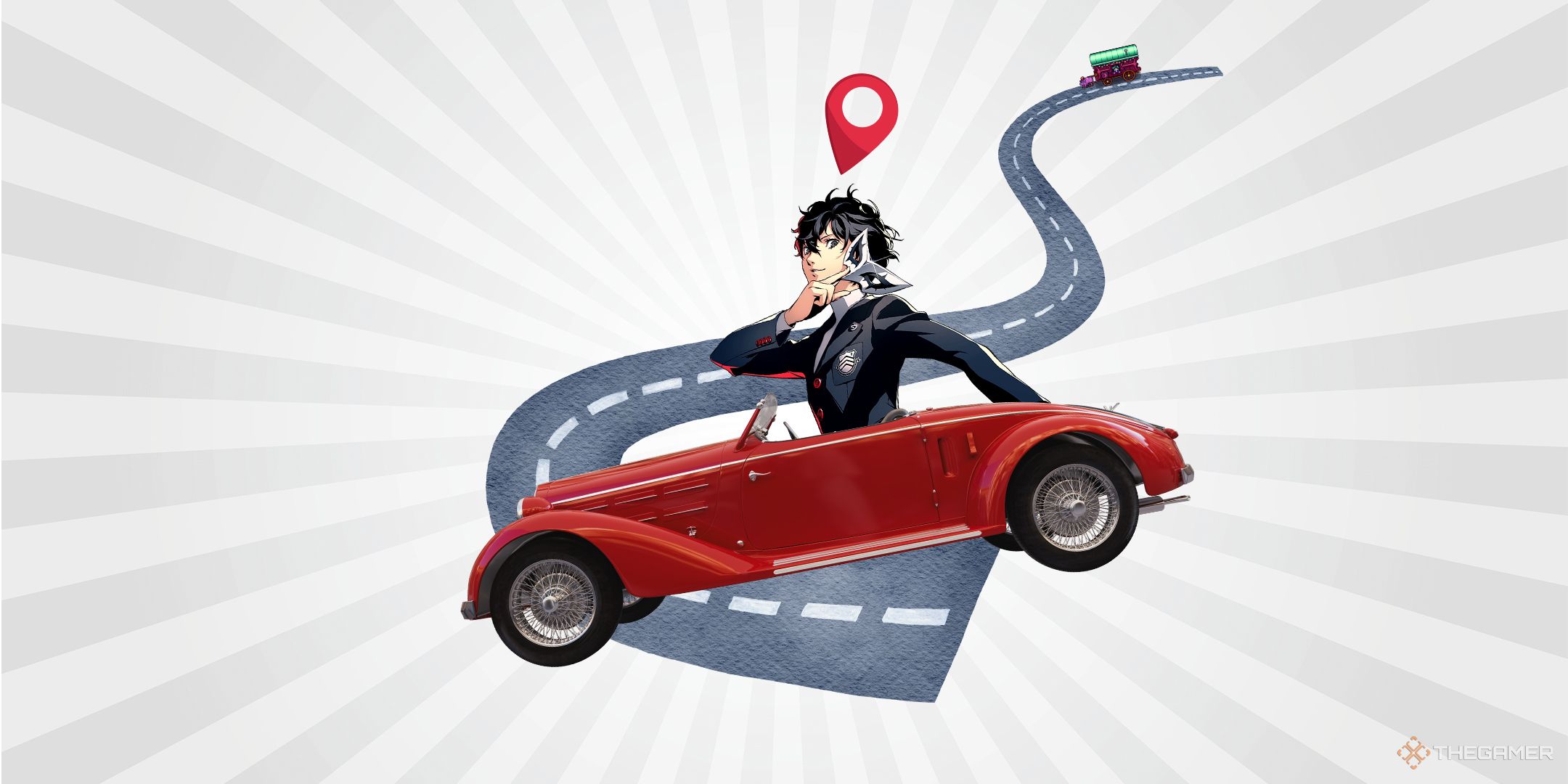 Persona 5s Joker in a car with a direction symbol above him.