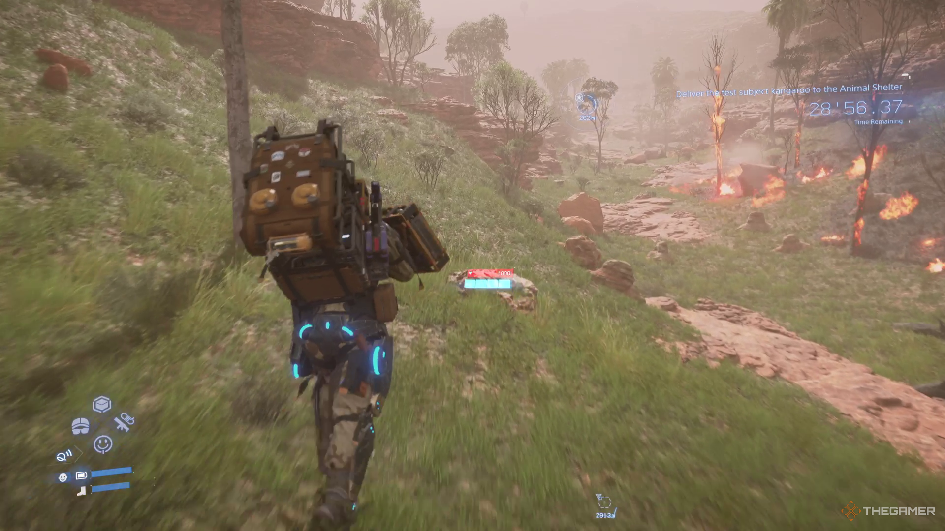 Sam runs through an australian bushfire in Death Stranding 2. 