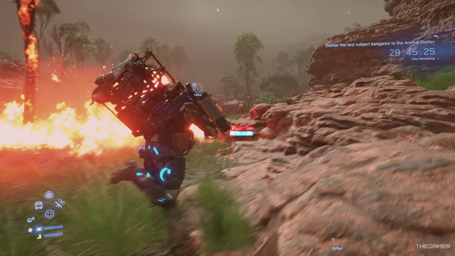 Sam runs through a dangerous bushfire in Death Stranding 2. 