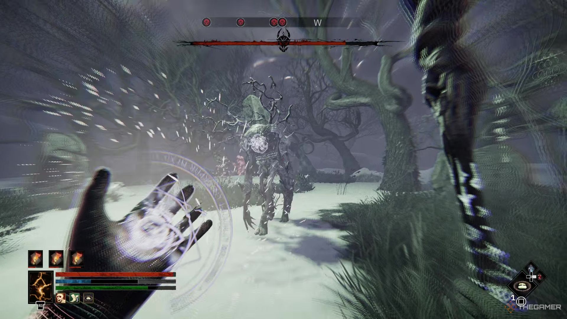 Player character charging up a spell against the Wyrd Golem in the Unrealm of the Hunt in Tainted Grail: The Fall Of Avalon.