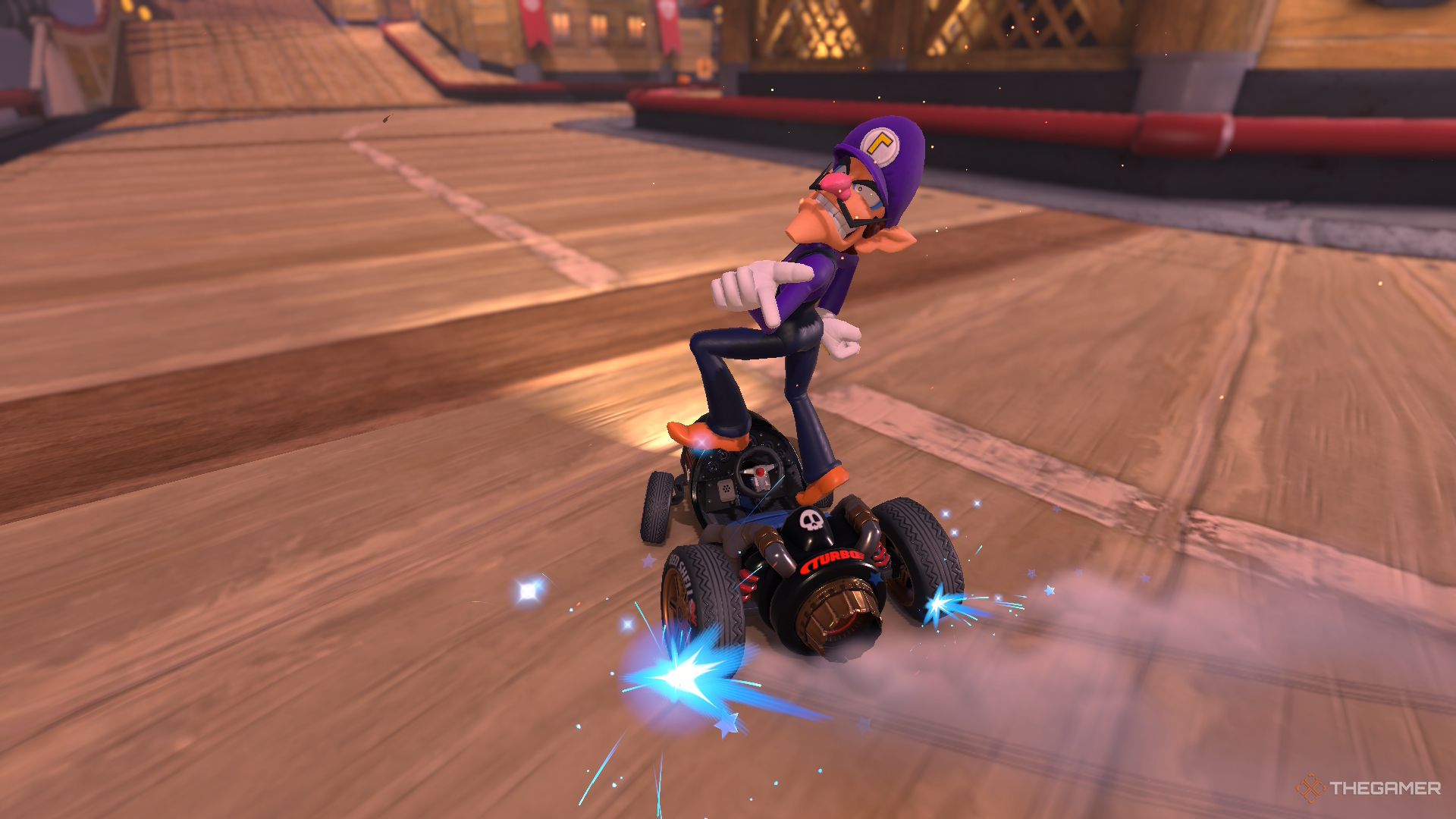 Waluigi striking a charismatic pose while driving in Mario Kart World