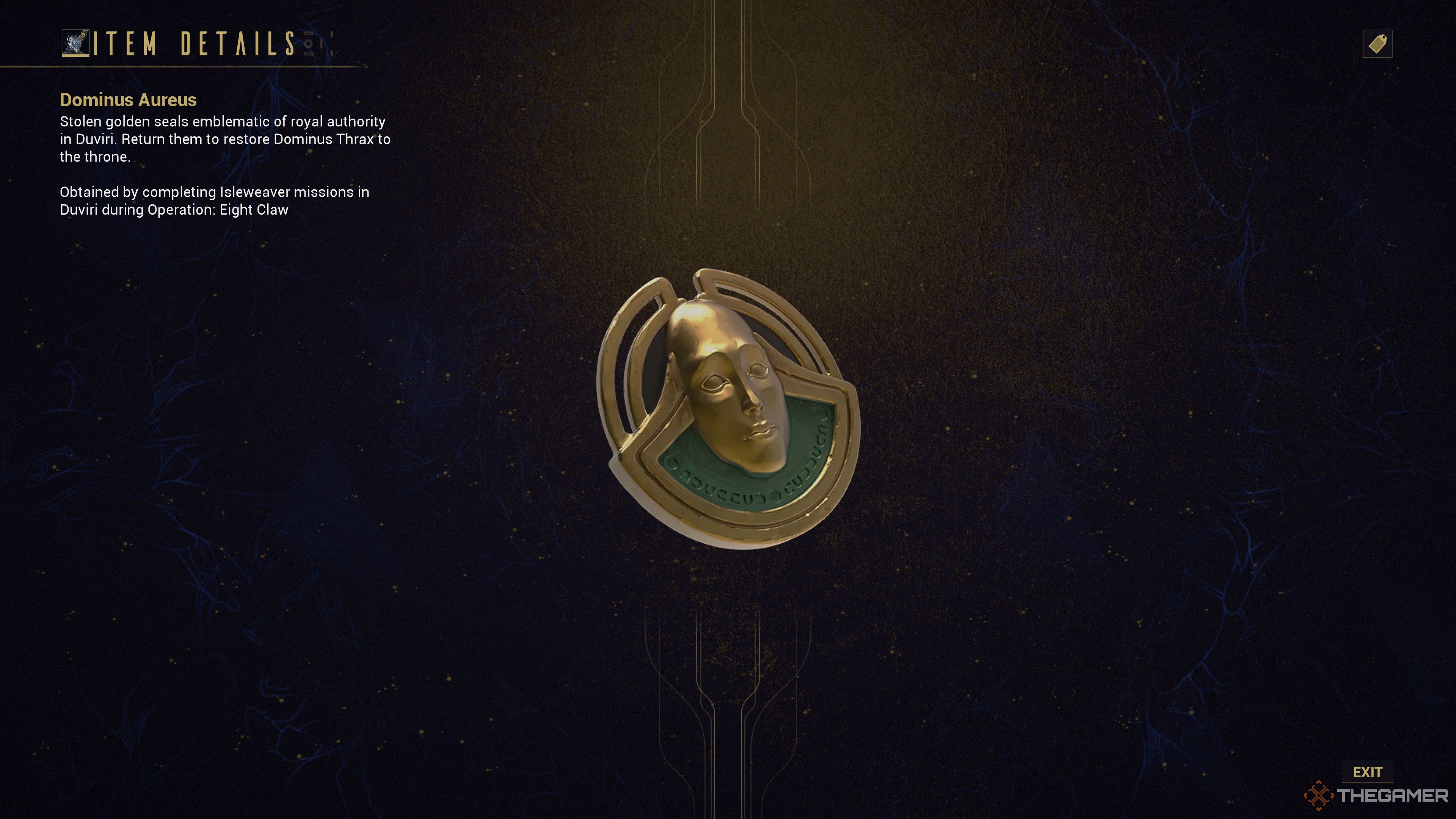 Warframe Operation Eight Claw Dominus Aureus Coin