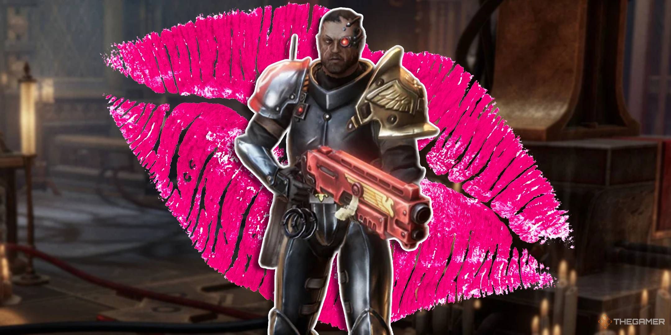 Warhammer 40k Rogue Trader Adeptus Arbites with lipstick background