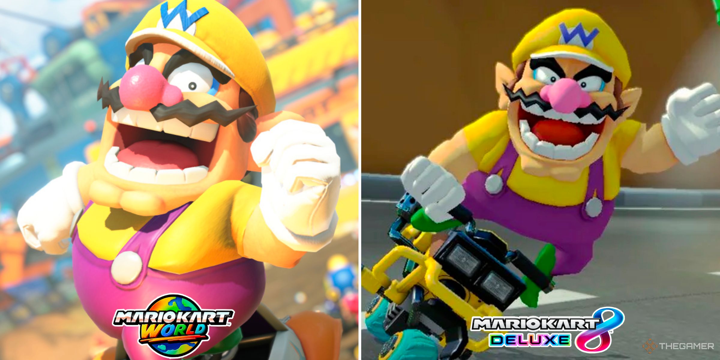 Wario in Mario Kart World next to Wario in Mario Kart 8 Deluxe.