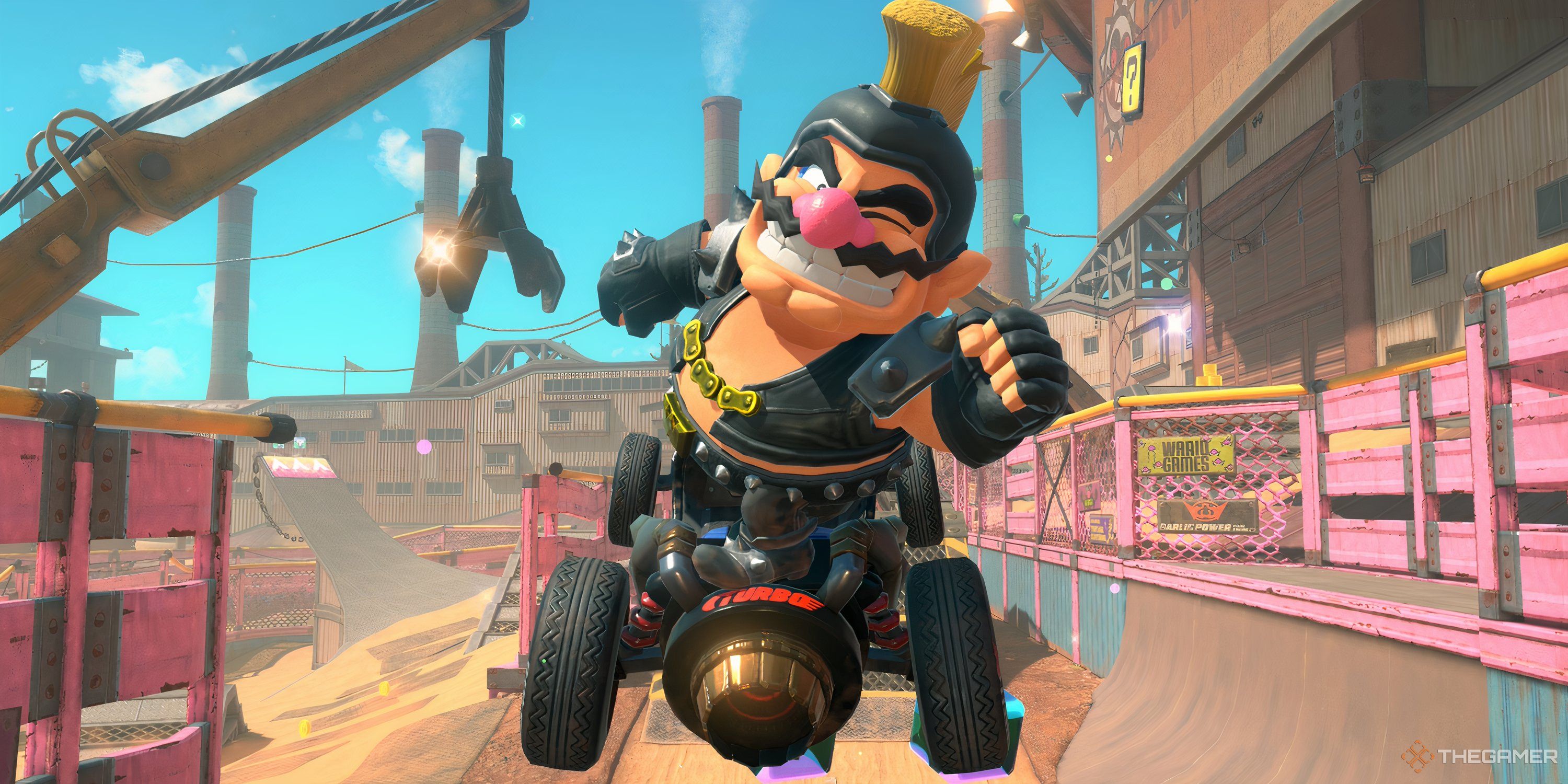 Wario winks at the camera while wearing the Road Ruffian  outfit in Mario Kart World.
