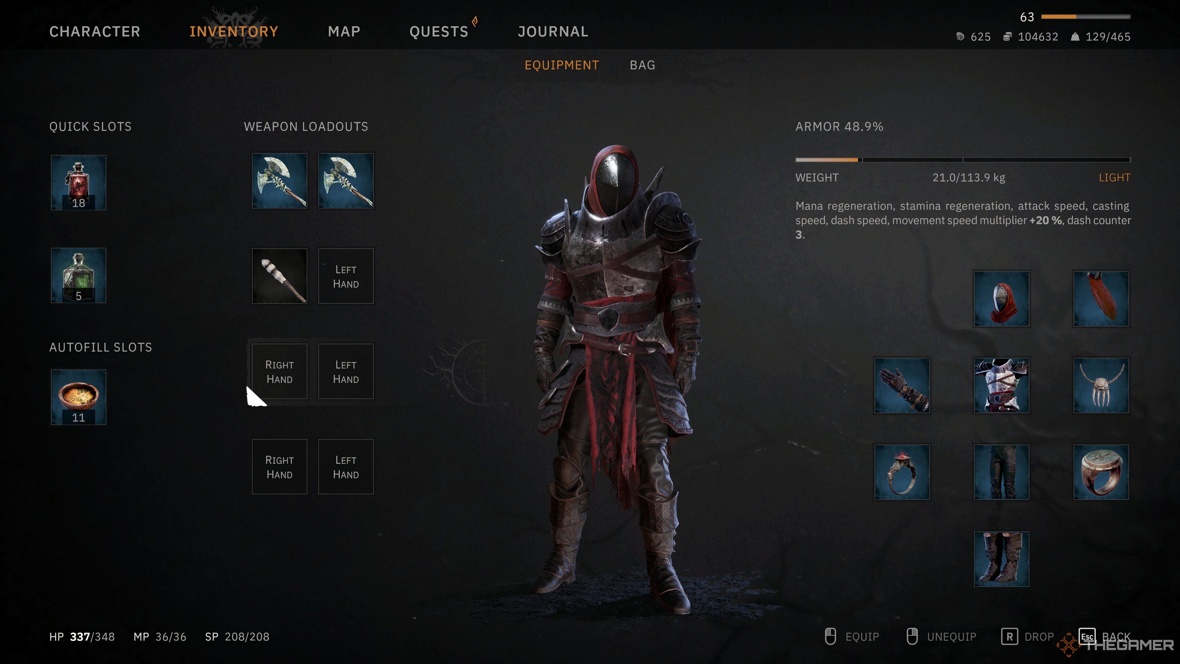 Checking the Warrior loadout and inventory in Tainted Grail Fall of Avalon.