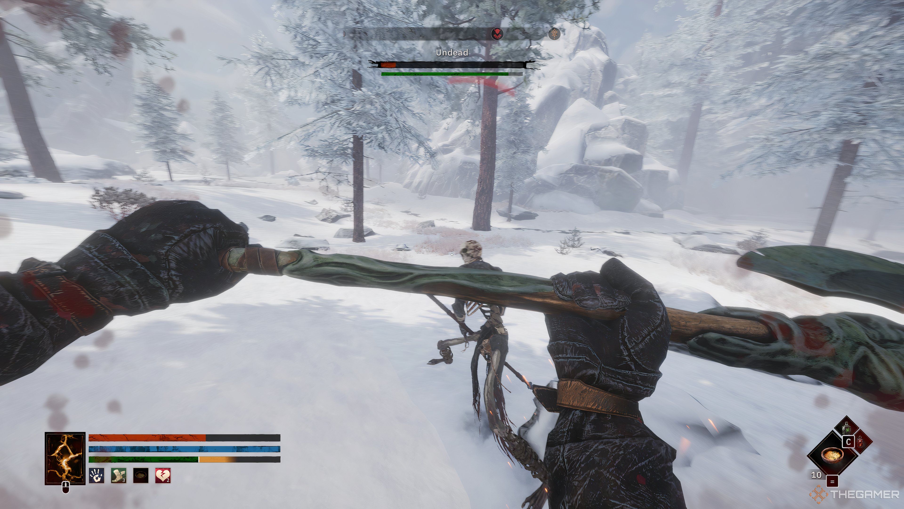 Warrior holding and axe with its two hands and fighting a skeleton in Tainted Grail Fall of Avalon.