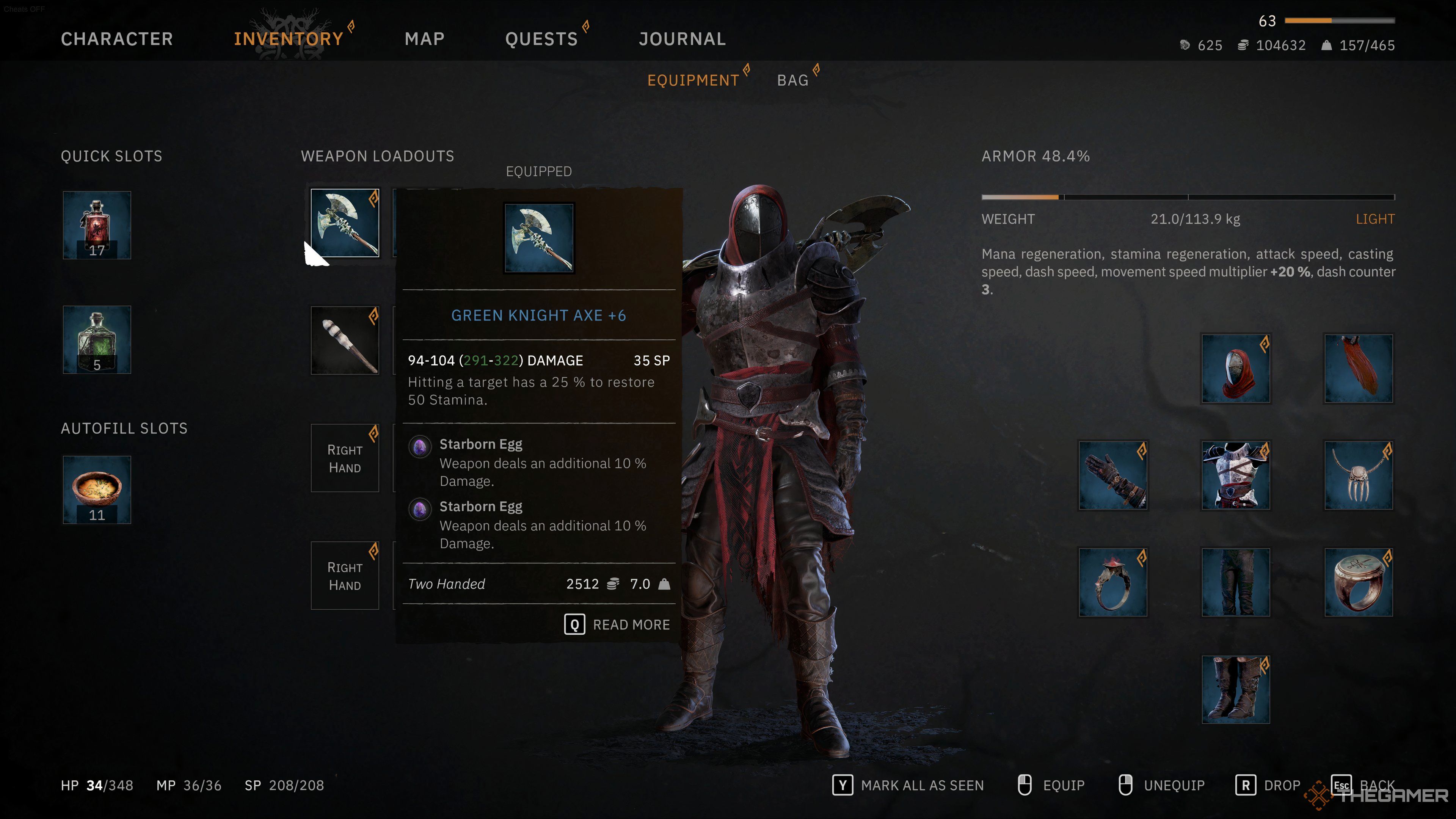 The Green Knight Axe stats and description in the inventory in Tainted Grail Fall of Avalon.