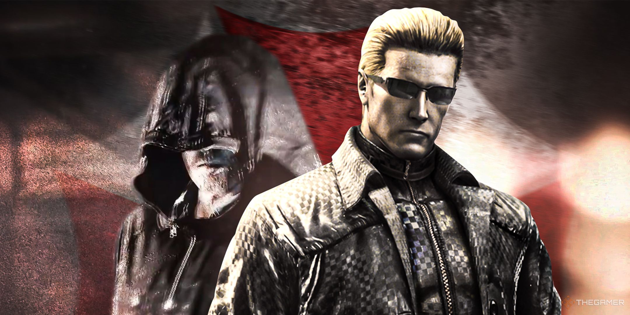 Wesker from Resident Evil 5 and the Hooded Figure from Requiem over a grungy Umbrella logo.